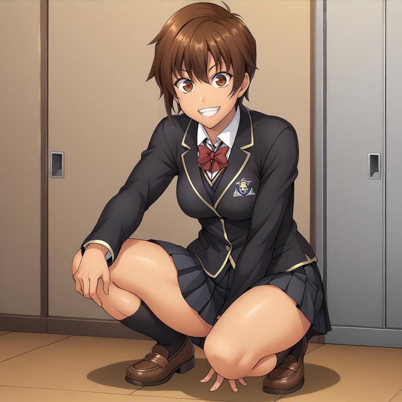 <lora:NagisaFujimaXLpony001>,grin,solo,NagisaFujima,1girl,brown hair,short hair,brown eyes,tan,school_uniform,black blazer,pleated_skirt,black skirt,black socks,full body,squatting,