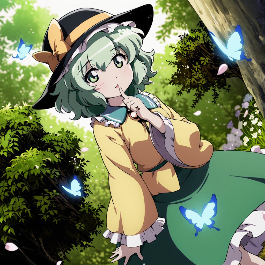 masterpiece, best quality, <lora:tgm-xl-a3.1:1>,pixiv,1girl, komeiji koishi, solo, bug, hat, butterfly, yellow shirt, green skirt, long sleeves, black headwear, looking at viewer, third eye, green hair, bow, shirt, skirt, looking back, hat bow, long hair, index finger raised, yellow bow, parted lips, finger to mouth, wide sleeves, bangs, frilled sleeves, outdoors, light rays, from behind, frills, flower, sunlight, grass, hand up, blue butterfly, green eyes, blue eyes, petals, light particles, ribbon, hair between eyes, nature, frilled shirt collar, medium hair, hat ribbon, standing, tree, black bow, cowboy shot, day, finger to own chin, blouse, dutch angle, sunbeam