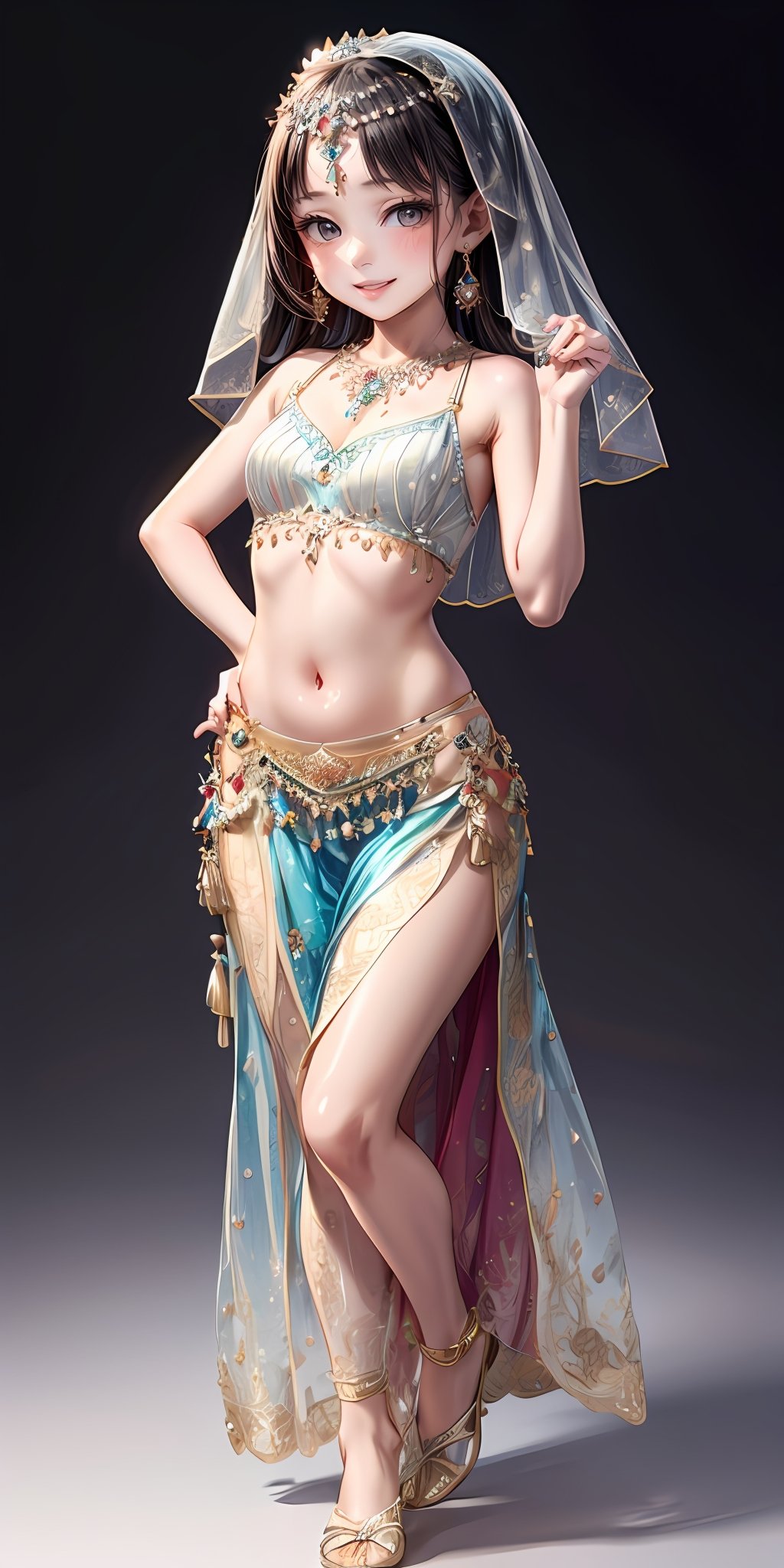 (masterpiece,ultra-detailed,best quality,8K,CG,illustration,shaved:1.0),(petite girl:1.0) <lora:more_details:1>, smile,simple background, <lora:belly dance clothes v1.0:0.5> jyojifuku, veil, midriff, necklace, earrings, see-through,dance,sliver clothes