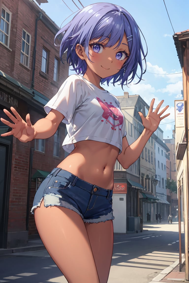 masterpiece, best quality, ultra-detailed, glistening shiny, glowing light, ray tracing, HDR, deph of field, (perfect face, detailed face),  <lora:SprRen:0.7>, sprren, (dark skin:1.2), short hair, hairclip, flat chest, smile, t-shirt, crop top,denim shorts, waving, bare legs, outdoors