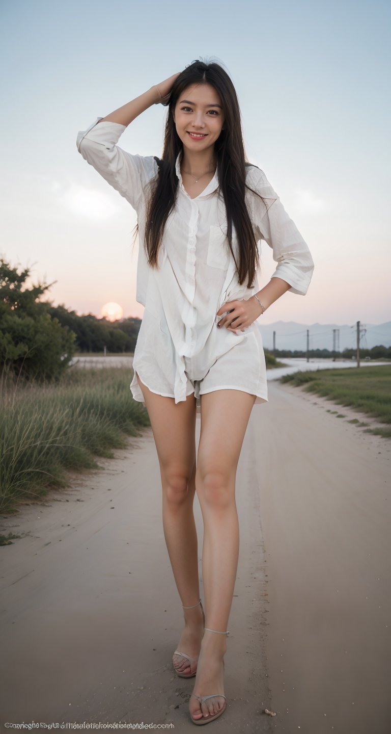 1girl,grin,standing,the pose,sunset skyline,outdoors,(cowboy shot),(town),redmoon,bloodmoon,cowboy shot,full body,<lora:G_20240819153052:0.8>,