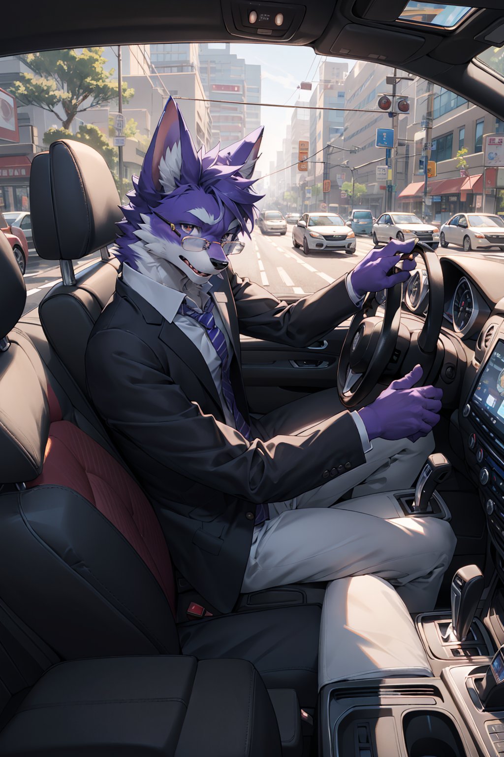 best hands,wide Shot,best quality,from below,(masterpiece,ultra detailed 8k art,cowboy Shot),fisheye lens,from the front,(anthro:1.5),looking away,1  purple furry male, purple furry hand,Fluffy, (Focus on the purple male dog),close-up face,Inside the car,Late 30s male anthropomorphic dog BREAKlook out the window,Wear glasses,holding a sandwich in one hand, dressed in a business suit,navigating traffic in a white car during his morning commute , troubled eyebrows, closed mouth, (many cars outside the window)  BREAKFrustration sets in as he's caught in a traffic jam, trying to stay composed while steering from the driver's seat,A comedic scenario takes place as the hurried male driver munches on a breakfast sandwich while steering through the traffic snarl, deftly navigating the morning rush.