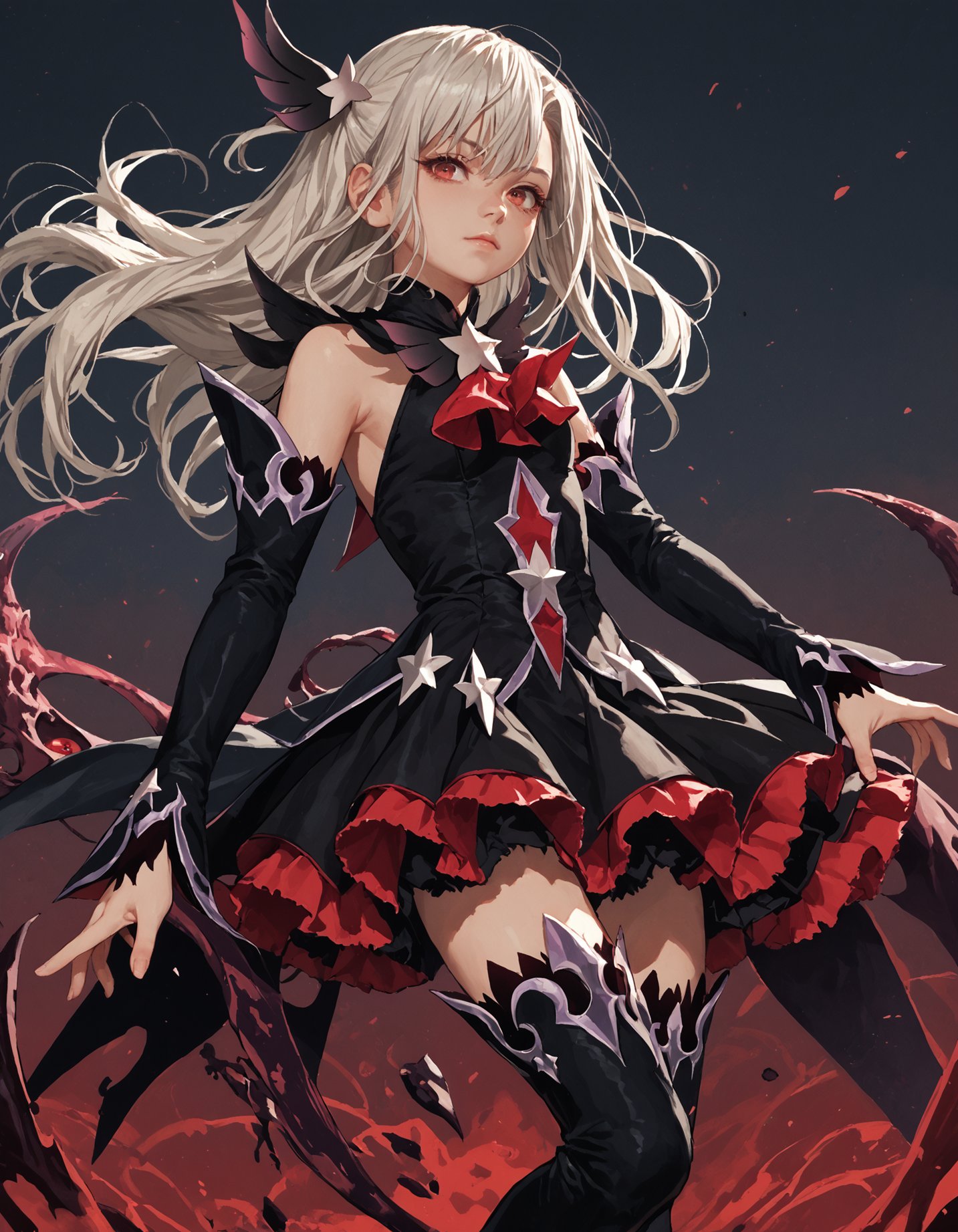 score_9, score_8_up, score_7_up,  score_6_up, score_5_up, rating_questionable,  <lora:Illya_IQ2:0.9>, <lora:kyuyong:0.7> kyuyongeom1girl, white hair, red eyes, long hair, side ponytail, hair ornament, black dress, magical girl, corruption, detached sleeves, black thigh Boots,