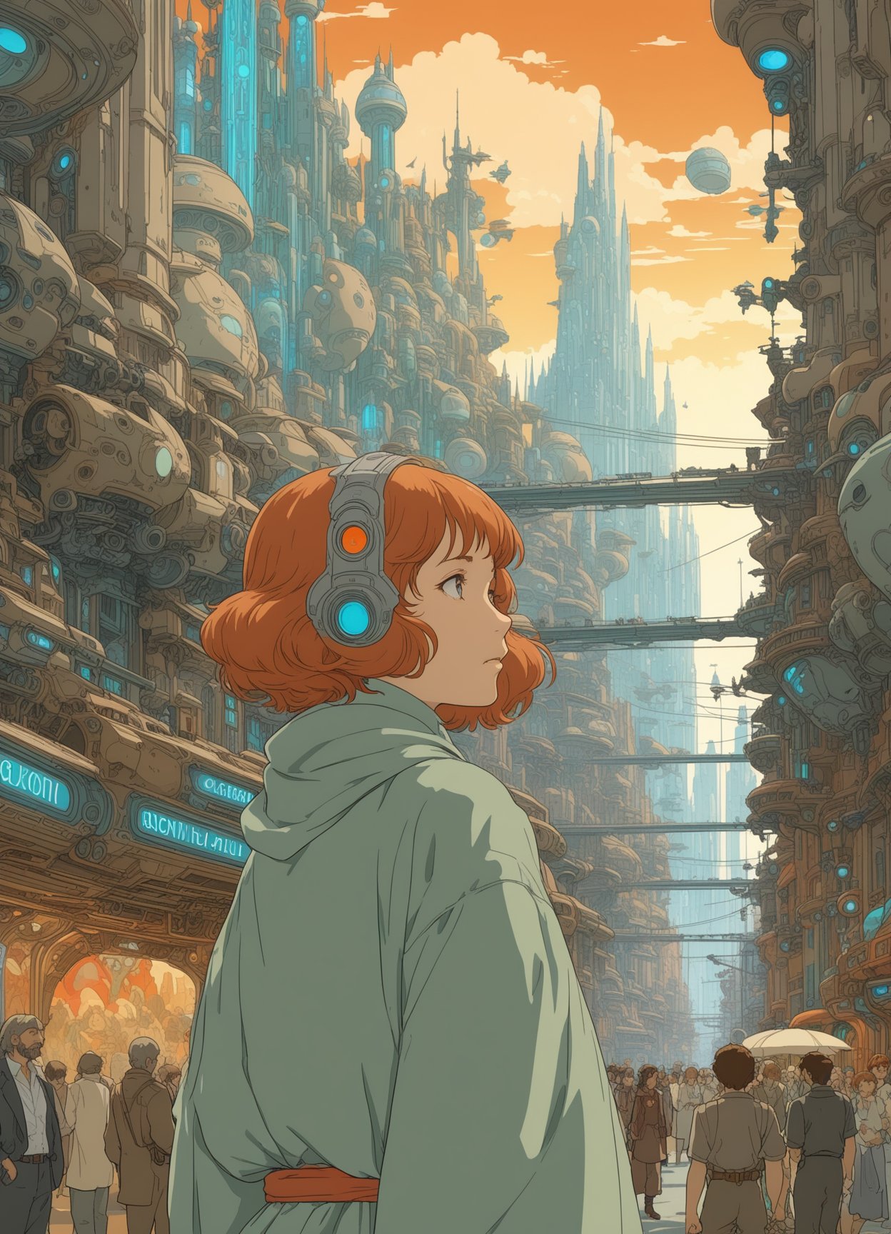 by Studio Ghibli and Alphonse Mucha, thick (science fiction scene:1.1) , looking away from camera, city, Selective focus