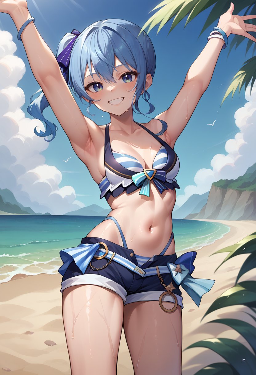 score_9, score_8_up, score_7_up,  SuiseiSummer, side ponytail, hololive summer 2023 swimsuit, layered bikini, blue bikini, striped bikini, bikini shorts, smile, :d, spread arms, beach scene, standing, wet, <lora:HoshimachiSuiseiPDXL:1>