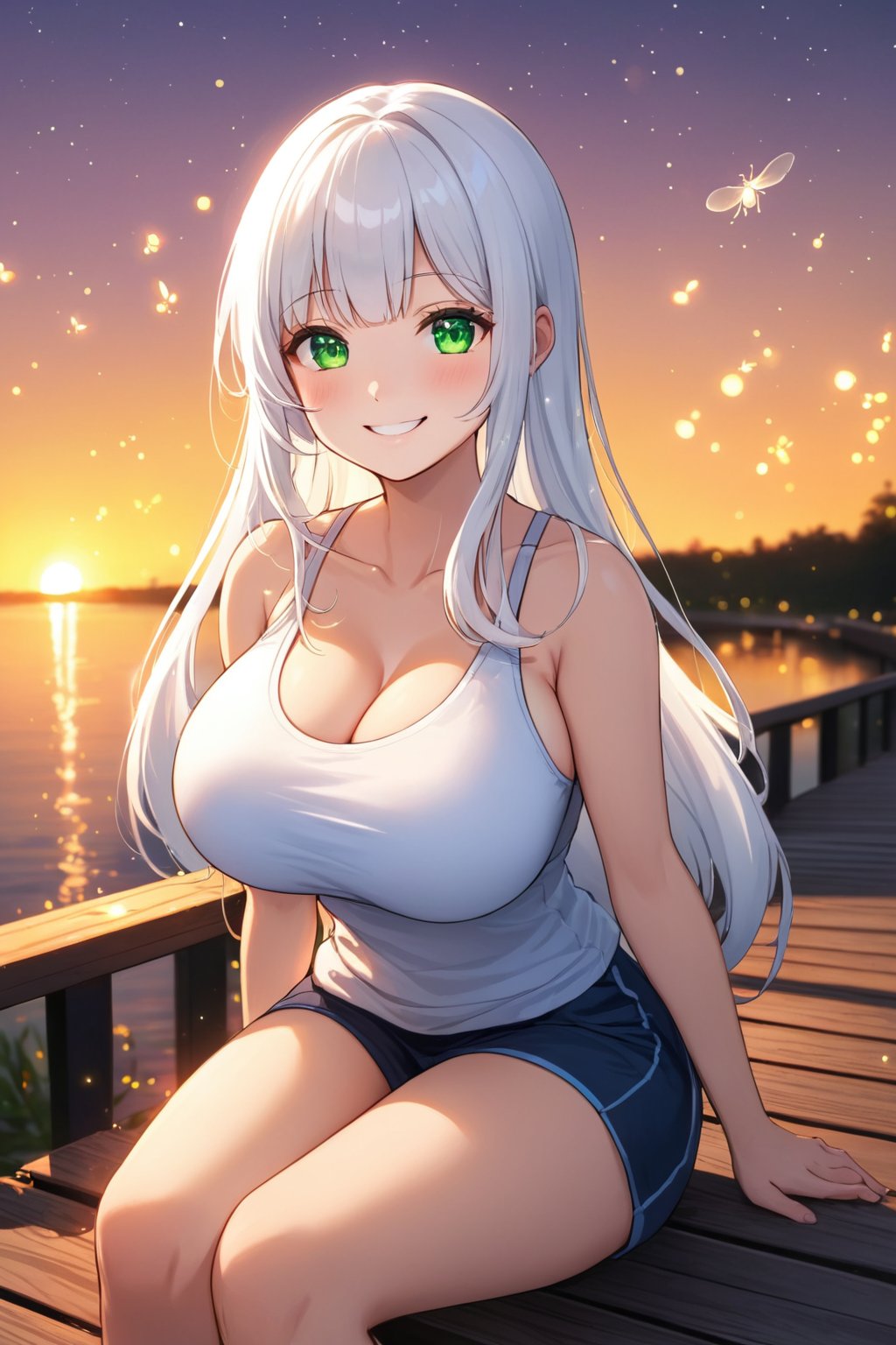 long hair, white hair, green eyes, sitting on boardwalk, sunset, light particles, fireflies, volumetric lighting, tank top, large breasts, smile, sparkling eyes, blunt bangs