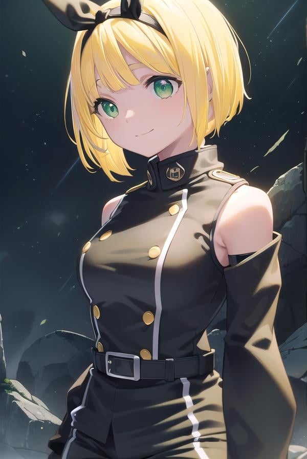 shushusuruga, <lora:shushu suruga manga-lora-nochekaiser:1>,shushu suruga, short hair, bangs, hair ribbon, hairband, blunt bangs, thick eyebrows, (green eyes:1.5), (yellow hair:1.5), smile,BREAK gloves, shorts, elbow gloves, belt, buttons, military uniform, military, (bare shoulders:1.5), (black military uniform:1.7),BREAK outdoors, space, starry sky, star \(sky\), moon,BREAK looking at viewer, (cowboy shot:1.5),BREAK <lyco:GoodHands-beta2:1>, (masterpiece:1.2), best quality, high resolution, unity 8k wallpaper, (illustration:0.8), (beautiful detailed eyes:1.6), extremely detailed face, perfect lighting, extremely detailed CG, (perfect hands, perfect anatomy),