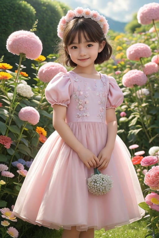 xiaolongmao,1girl,solo,looking at viewer,smile,short hair,brown hair,dress,holding,standing,flower,short sleeves,outdoors,sky,day,puffy sleeves,puffy short sleeves,pink dress,realistic,holding flower,field, <lora:xiaolongmao:0.6>,masterpiece,high quality,cinematic quality