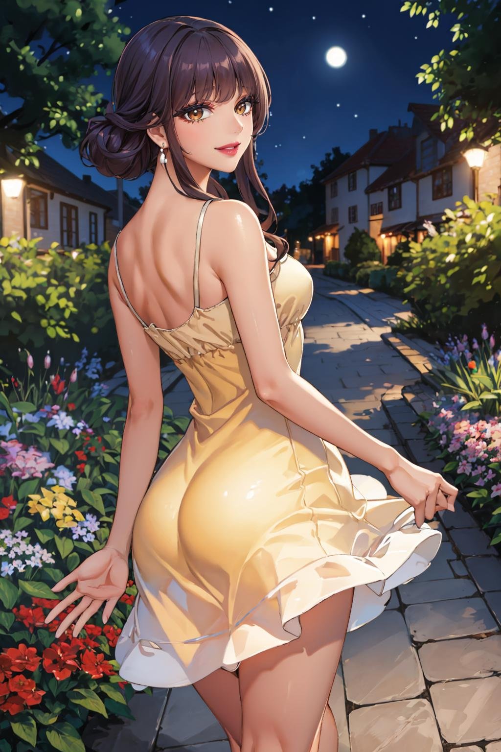 masterpiece, best quality,  <lora:tulip-nvwls-v1-000009:0.9> pkmnlip, brown eyes, dark skin, lipstick, earring, (yellow sundress:1.5), garden, night sky, from behind, looking at viewer, smile