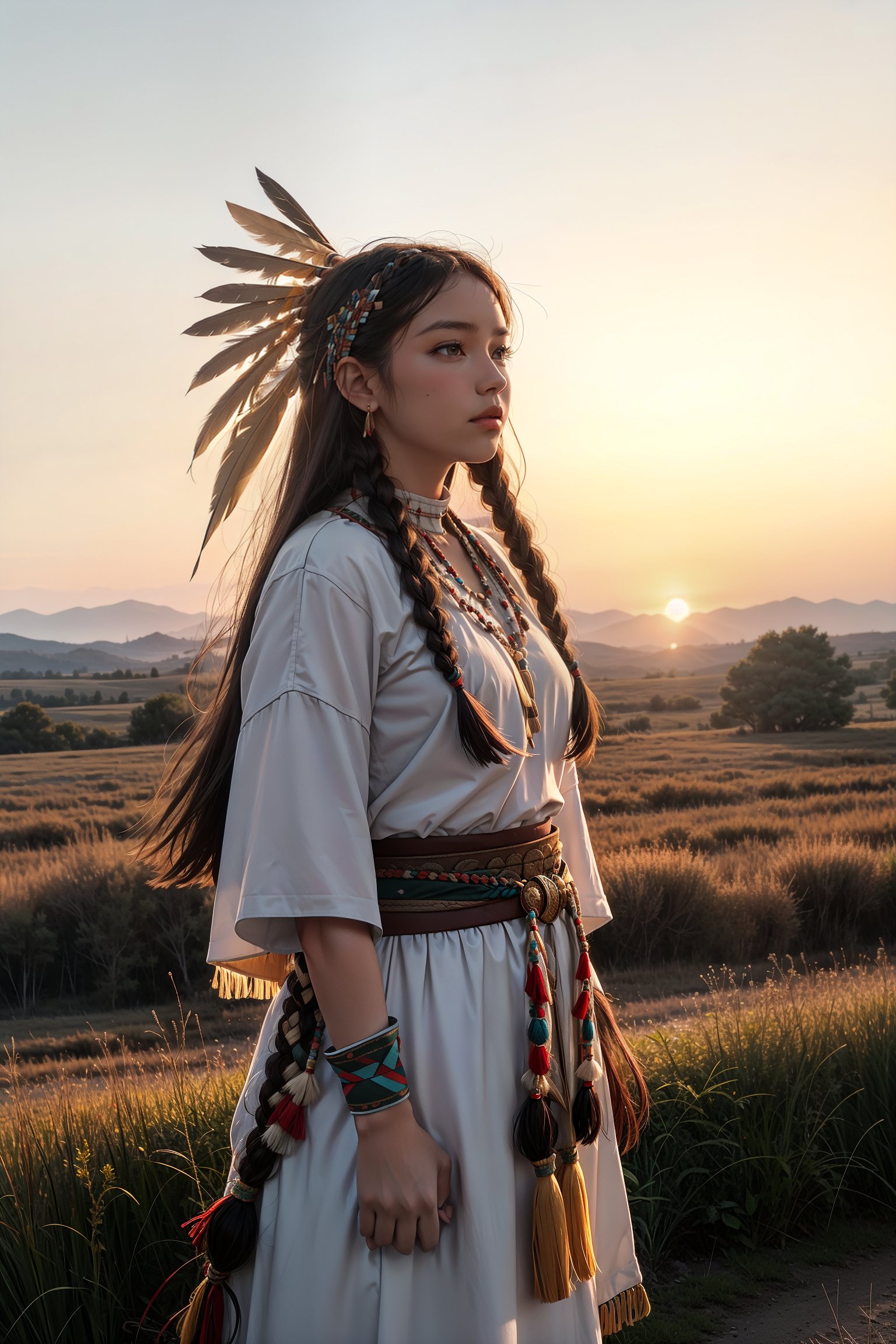 wilderness, rural, outdoors,nature,plains,sunset, dynamic pose,1girl,solo, native american,american indian, traditional clothing,feather ornaments,braids, headdress