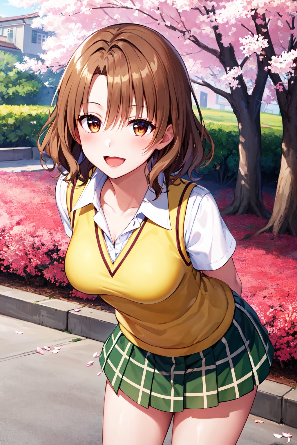 masterpiece, best quality, highres, 1girl, solo, short hair, brown hair, brown eyes, breasts, collarbone, school uniform, collared shirt, white shirt, sweater vest, (yellow vest:1.1), short sleeves, plaid skirt, green skirt, <lora:momioka_risa_v1:0.7>, open mouth, arms behind back, standing, leaning forward, cowboy shot, cherry blossoms, outdoors, smile