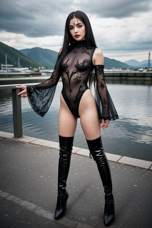 realistic, masterpiece, high detailed skin, looking at viewer, full body shot, scenic view, long hair, black hair<lora:Latex_ SeeThrough_Leotard_By_Stable_Yogi:1> latex pattern, see-through leotard, wide sleeves, long sleeves, thigh boots 