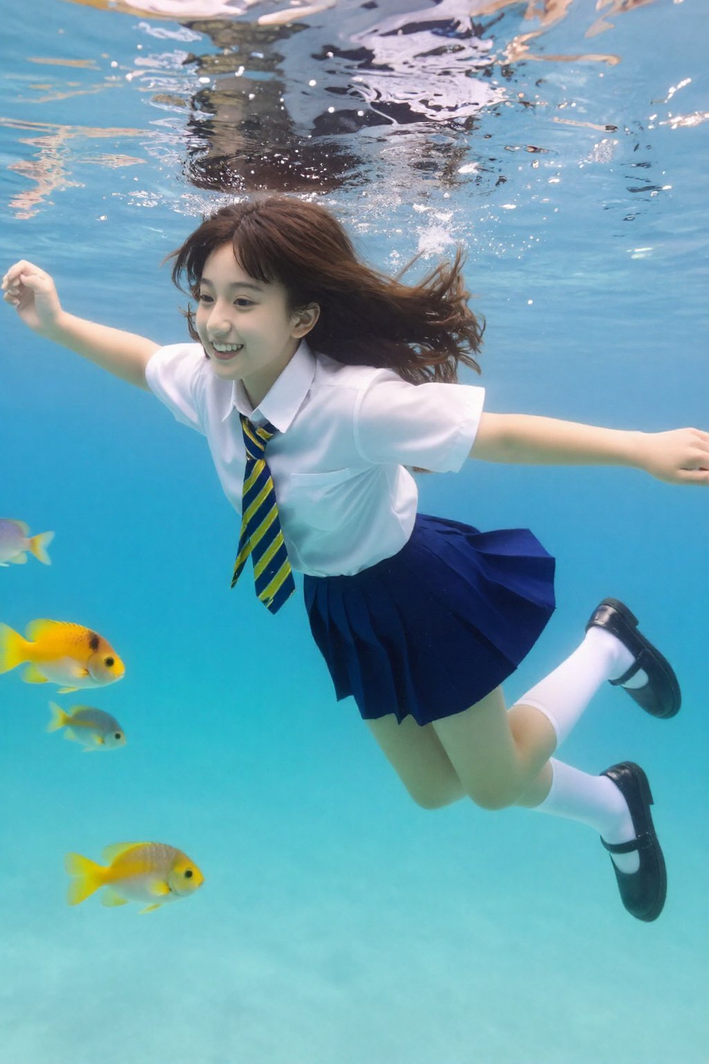 这是一张充满活力的水下照片,  一位年轻女子在清澈湛蓝的海水中优雅地游动。她身着传统的日本女学生制服,  包括一件白色衬衫 by 天TIN on Tensor.Art