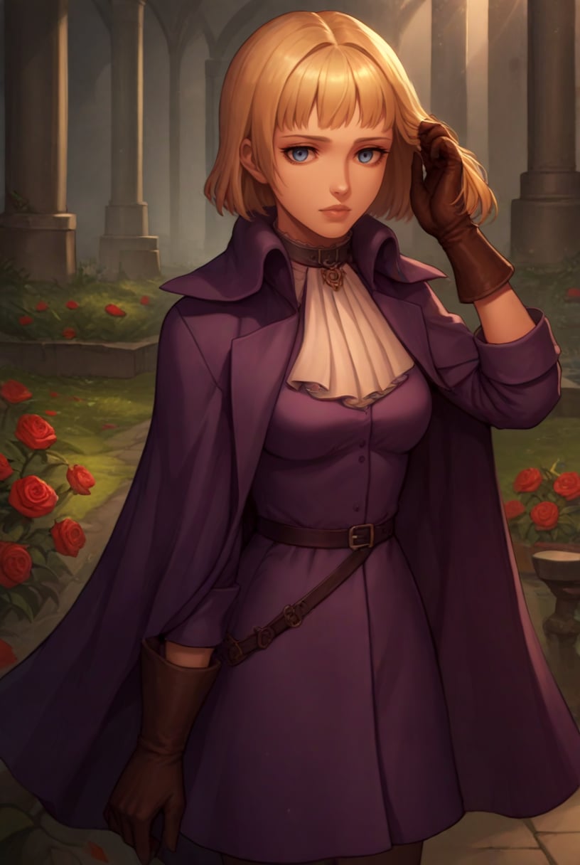 score_9, score_8_up, score_7_up, source_anime,solo, 1girl, looking at viewer, full body,<lora:FarnesePdxlDwnsty:1>,Farnese_Casual,  blue eyes, blonde hair, lips, gloves, cape, ascot, purple coat, collar,medium breasts, adjusting hair, castle, garden, flower, rose, 