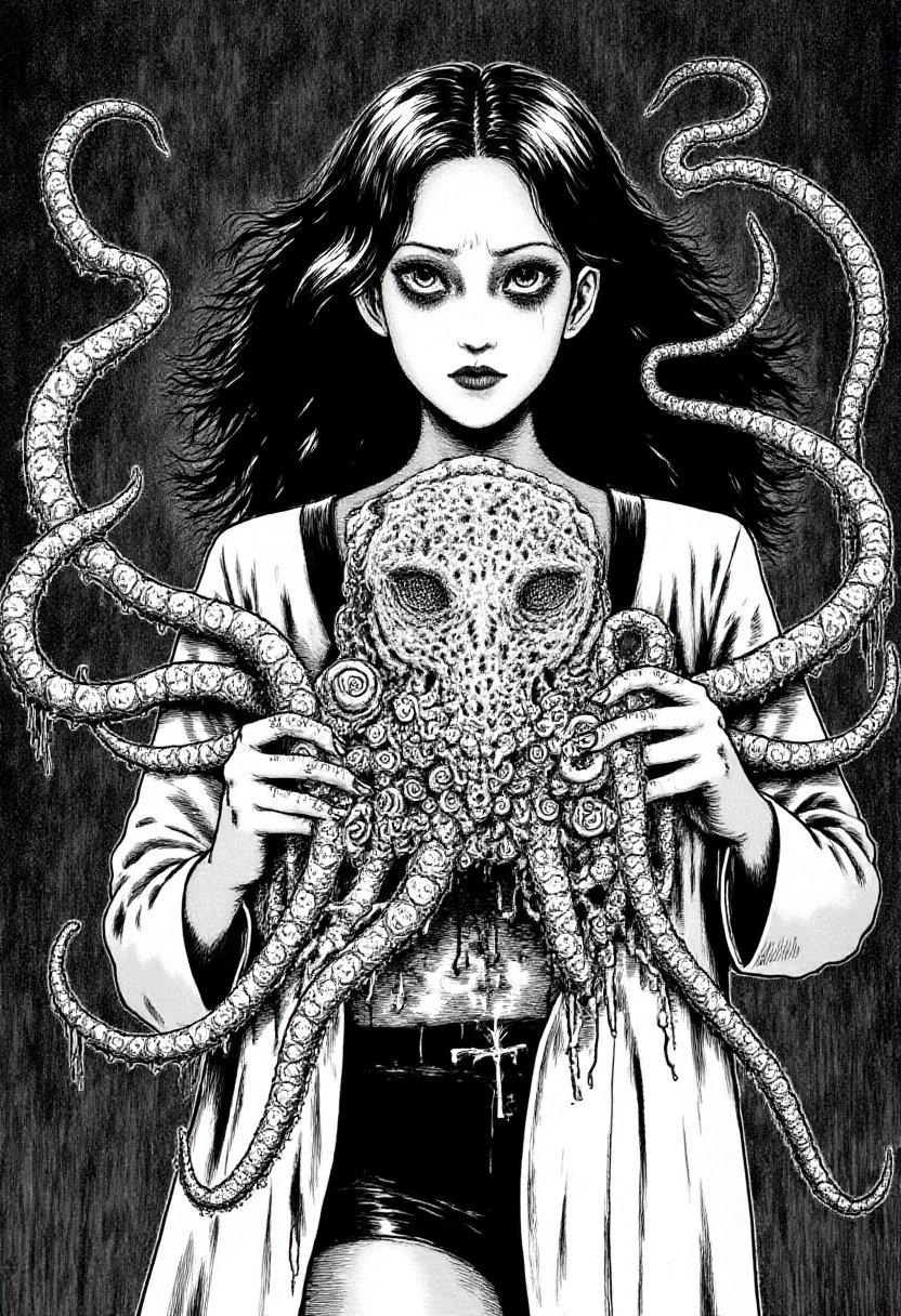 sexy librarian cthulhu woman wearing librarian outfit with tentacles  in monochrome jitostyle.  <lora:Junji_Ito_Style_F1D:1.3>