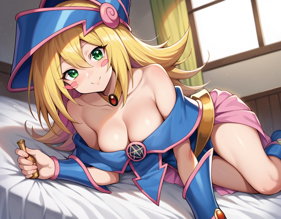 score_9, score_8_up, score_7_up, source_anime,darkmagiciangirl, <lora:dark-magician-girl-ponyxl-lora-nochekaiser:1>dark magician girl, blonde hair, choker, green eyes, long hair, blush, blush stickers, smile, mature female,bare shoulders, blue footwear, blush, blush stickers, cleavage, collarbone, duel monster, hat, off shoulder, pentacle, wizard hat,indoors, bed, bed room, on side, blush, drunk,looking at viewer, dutch angle, cowboy shot,