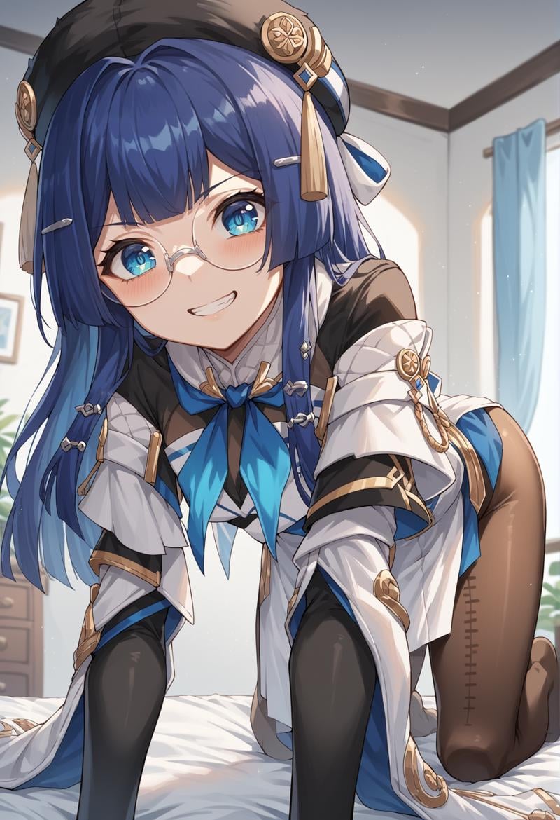 1girl, long hair, blue hair, hime cut, blue eyes, hat tassel, hairclip, beret, hair ornament, glasses, round eyewear, blue neckerchief, ribbon, long sleeves, wide sleeves, elbow gloves, pantyhose, bed, all fours, from below, looking at viewer, smug, teeth, mesugaki <lora:Pela_XL:1>, score_9, score_8_up, score_7_up, score_6_up, score_5_up, score_4_up, BREAK source_anime, masterpiece