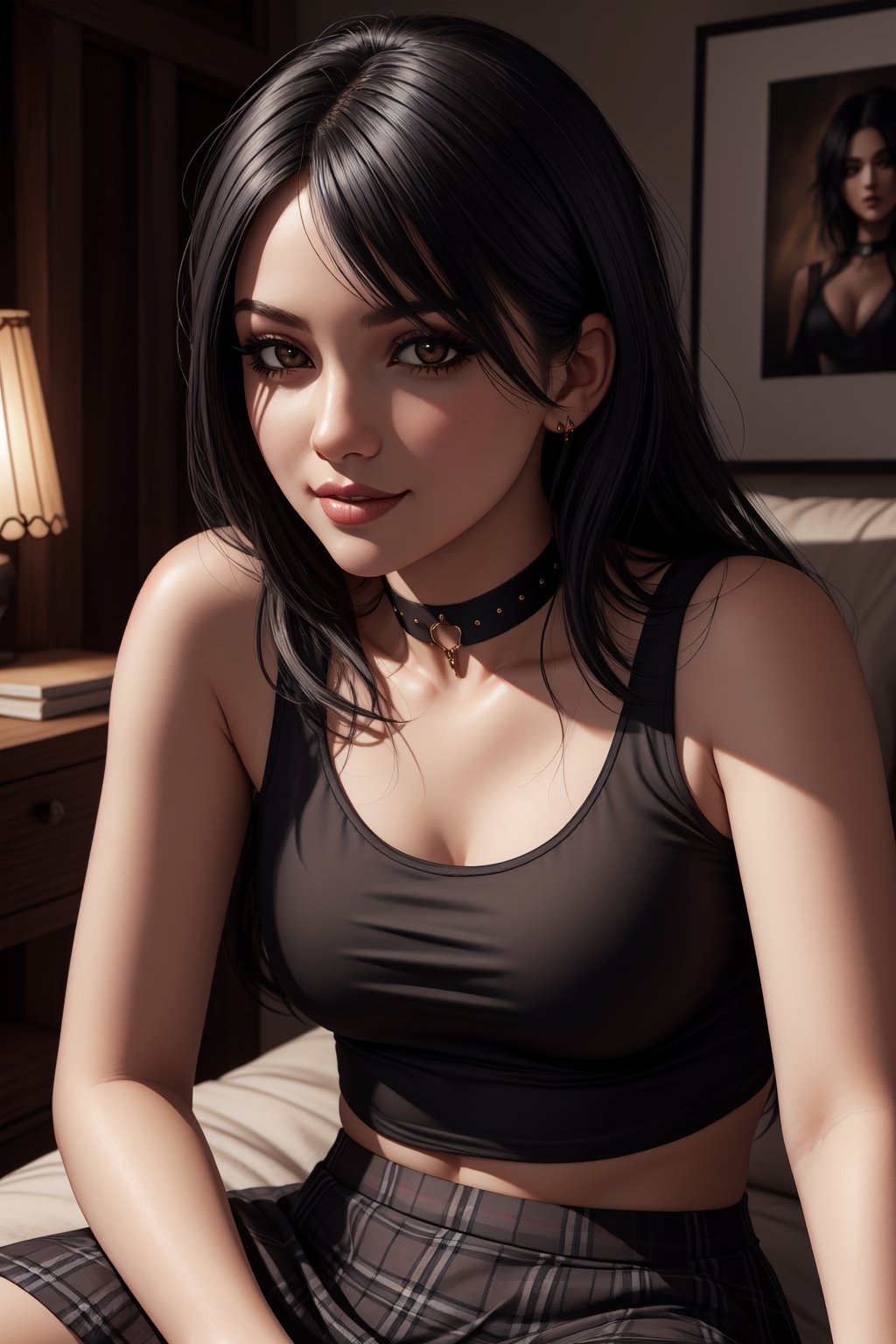 sumptuously detailed painting, goth girl, (unconventional black hair), black tank top, black plaid skirt, black choker, smirking, flirty pose, flesh details, accurate flesh composition, extremely detailed background, extremely detailed face capturing every feature, dark, insane detail, meticulous detail, exaggerated realism, macabre, decay, corruption, pale lighting, unearthly lighting, hyperrealism, eerie