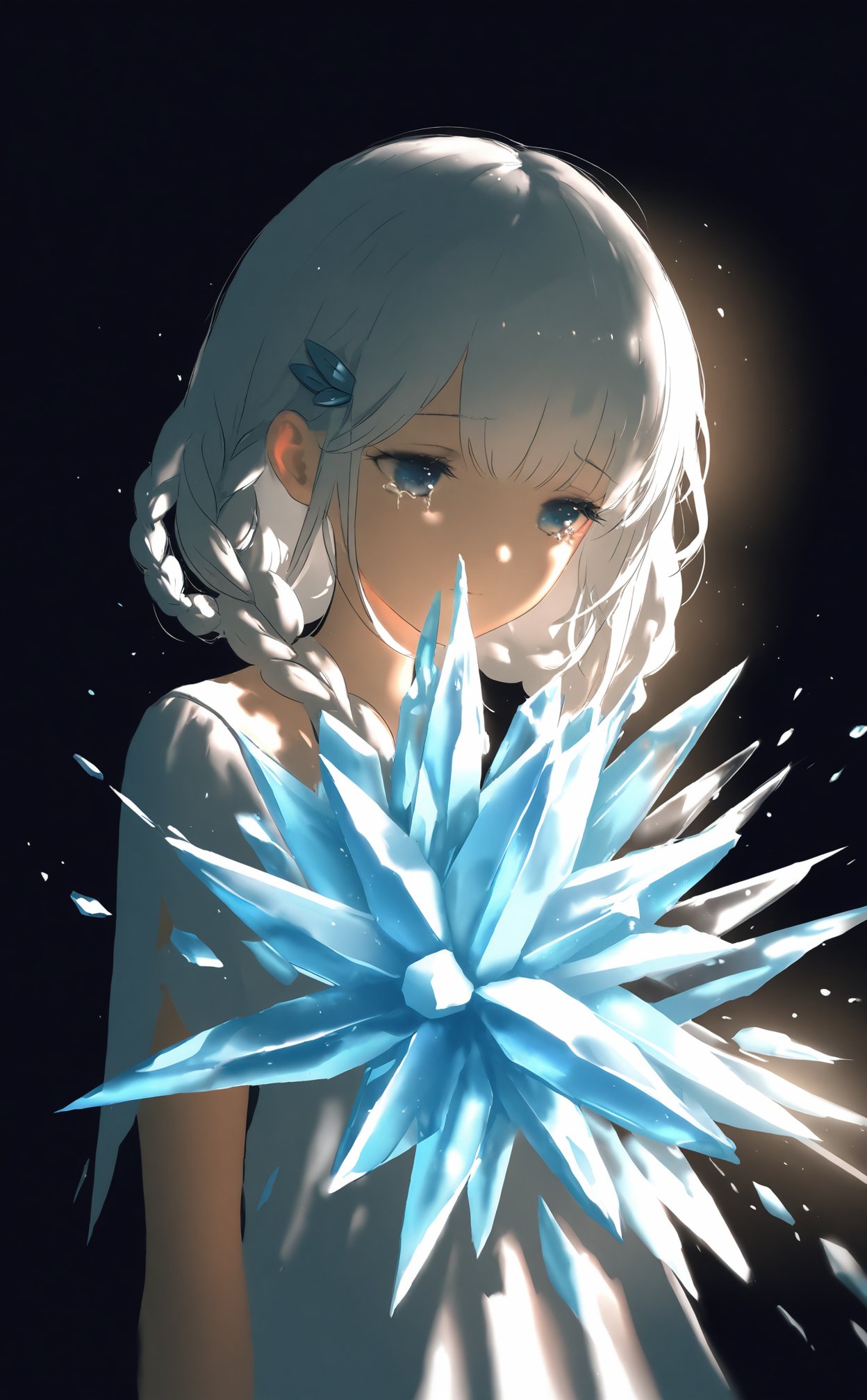 (masterpiece),(best quality),illustration,ultra detailed,hdr,Depth of field,(colorful),loli,wlop,1 girl,loli,White Dress,White short hair,braids,lily flower hair clip,upper body,cry,water,black background,Ice crystal,dappled sunlight,Suspended colorless crystal,beautiful detailed glow,(detailed ice),beautiful detailed water,