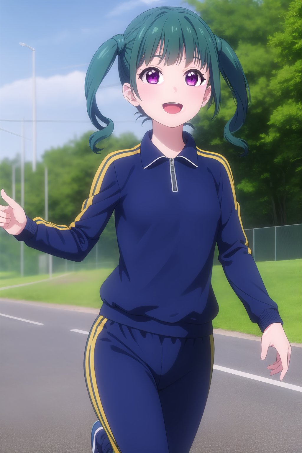 (masterpiece, best quality), highly detailed background, perfect lightingbest quality, mizusawaayaka, solo, outdoors, running, nature, city, aqua hair, twintails, blunt bangs, short hair, sidelocks, purple eyes, small breasts, black jacket, long sleeves, track pants, black pants, track suit, smile, open mouth, :d, <lora:Mizusawa-Ayaka:0.7>