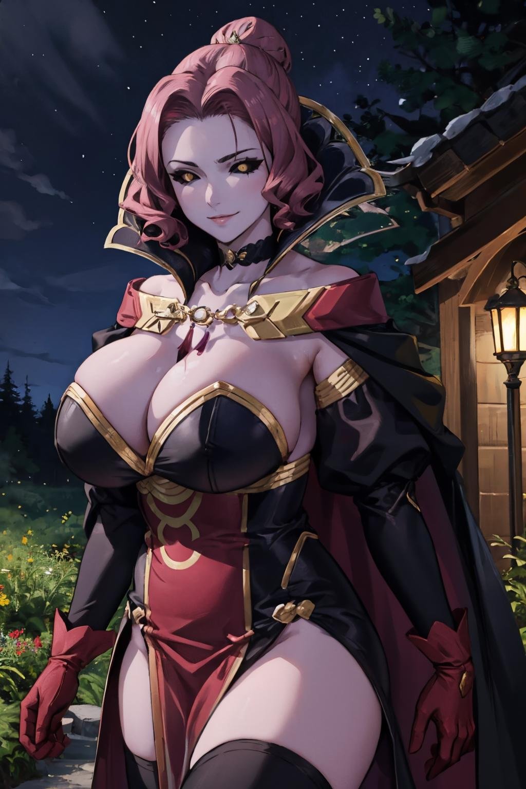 masterpiece, best quality, <lora:sovwitches-nvwls-v1-000009:0.9> marla, hair bun, sidelocks, purple skin, cape, black dress, puffy sleeves, cleavage, purple gloves, pelvic curtain, black thighhighs, black sclera, white eyes, huge breasts, upper body, furrowed brow, smile, night sky, forest, looking at viewer, standing  <lora:coloredSclera-000010:0.5>