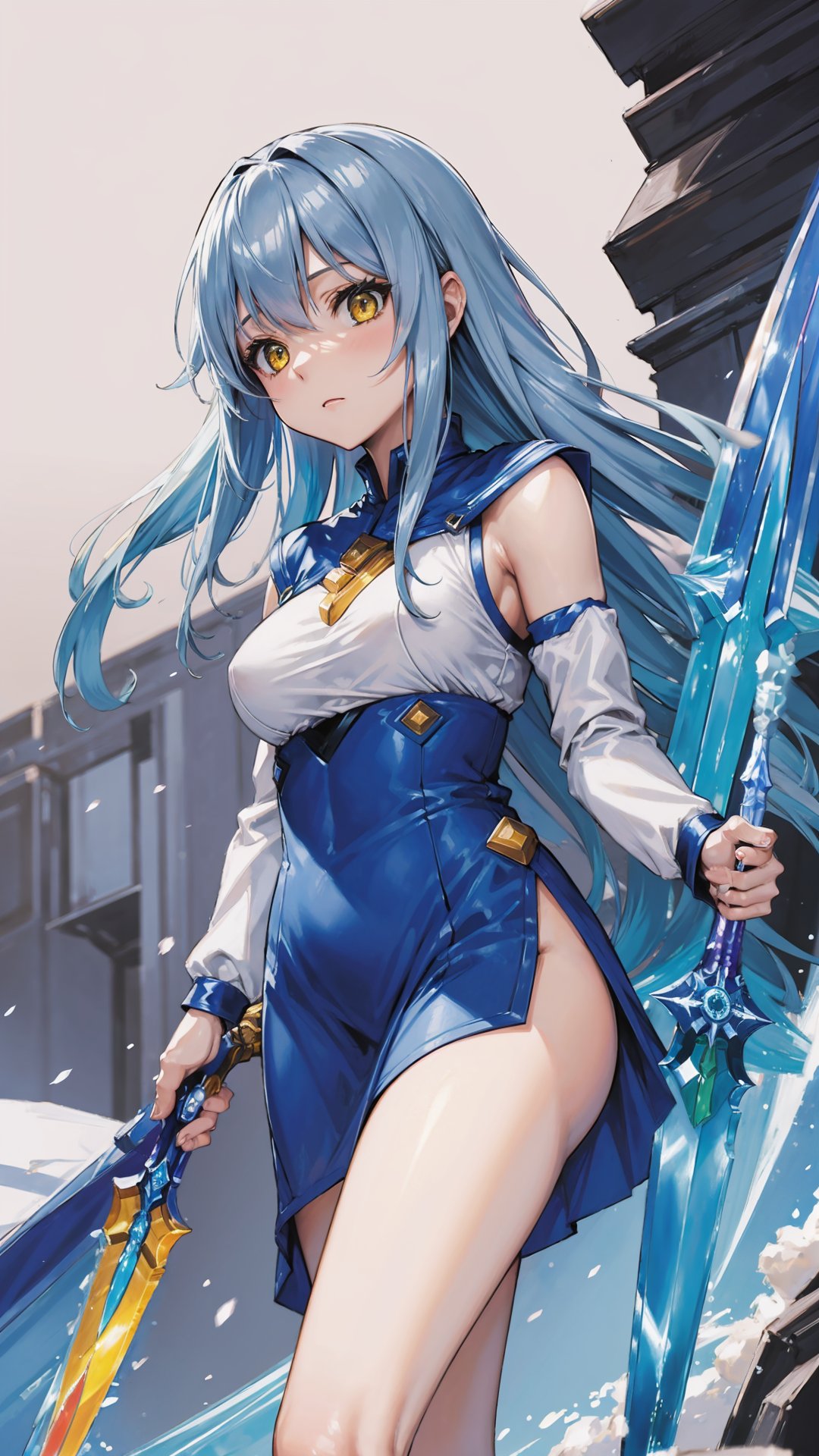 (masterpiece, best quality),ray tracing,absurdres, HDR, 1girl ,rimuru tempest,light blue hair,  yellow eyes,,long hair,breasts,dress,wucaitianjing, weapon, sword, , holding holding weapon, fantasy,<lora:wucaitianjing_v2:0.85>