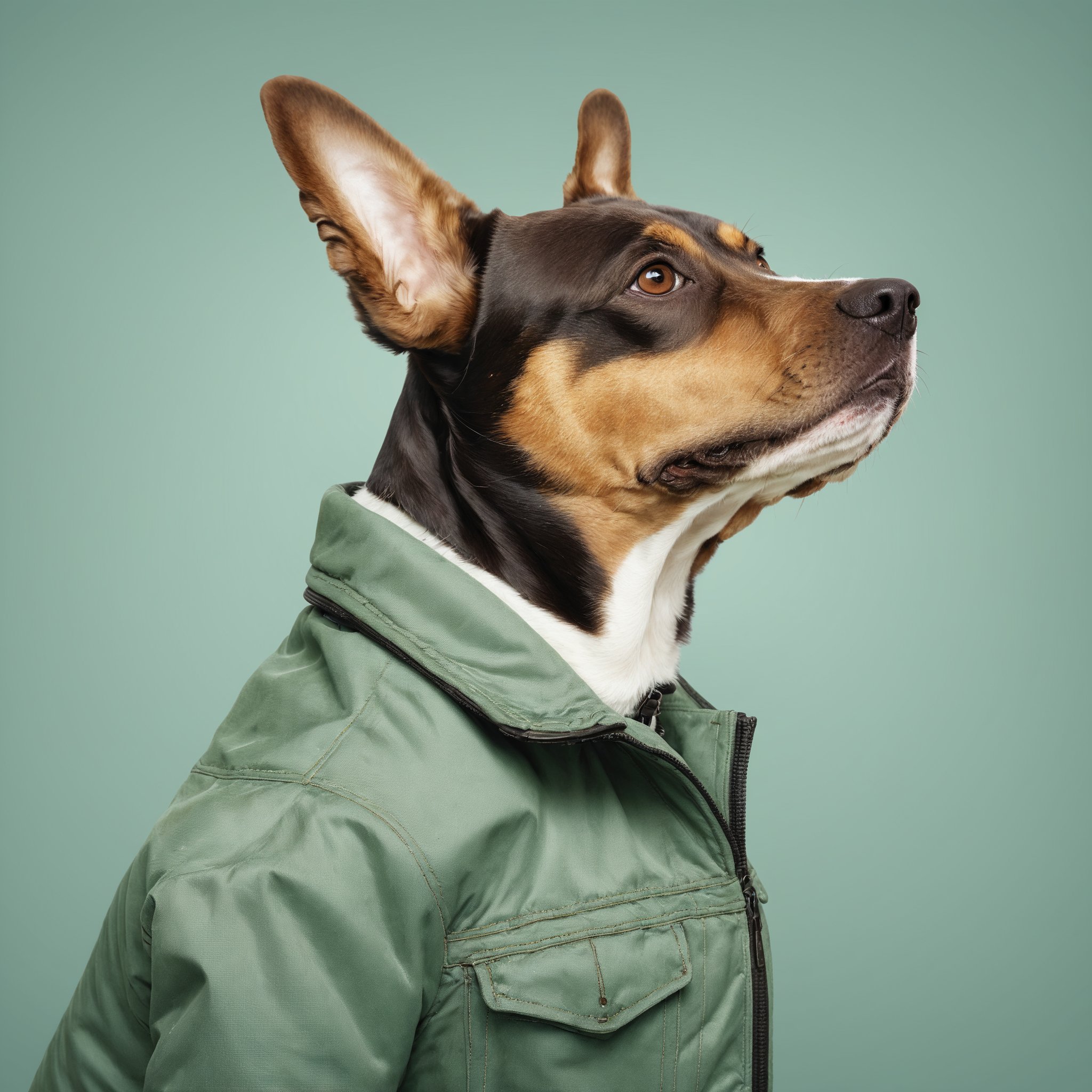 CADS,SETTING_POSTER,PRODUCT_PETS,no humans,jacket,realistic,dog,solo,brown eyes,from side,animal focus,animal,