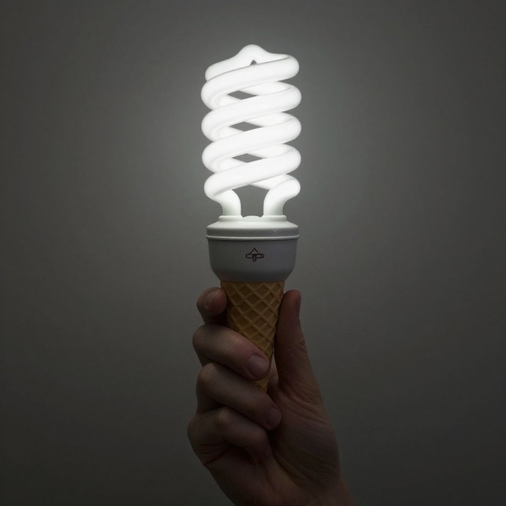 Surrealist art Cinematic In Forced perspective style a person holding an ice cream cone with a spiral florescent light bul...