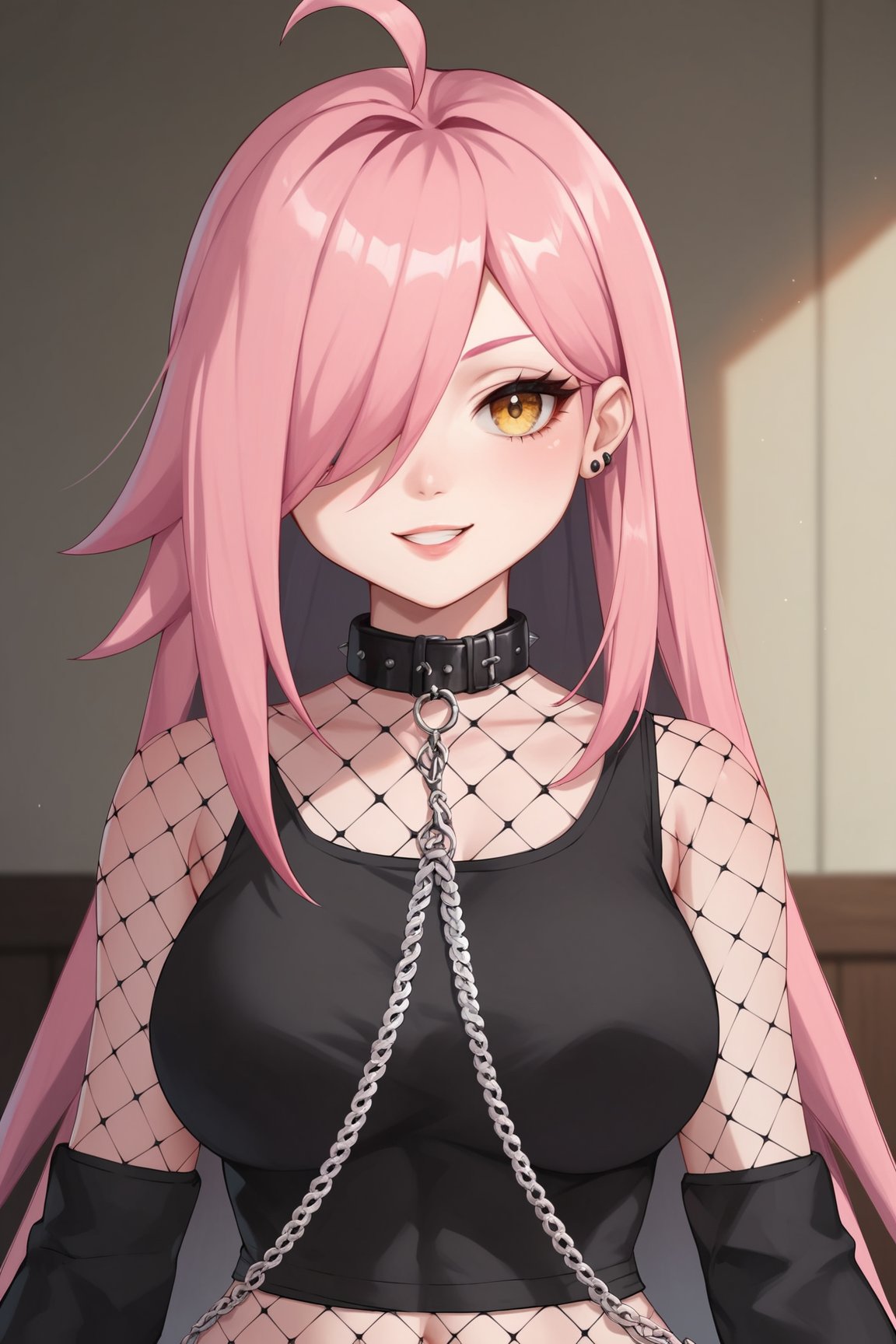 score_9, score_8_up, score_7_up, score_6_up, score_5_up, score_4_up, NeneEfthyVTXL, yellow eyes, hair covering one eye, long hair, pink hair, ahoge, collar,  black pads sleeves, collar with chain, black crop top, mesh, (portrait shot, upper body), looking at viewer, seductive smile, indoors, room <lora:NeneEfthyVTXL:0.7>