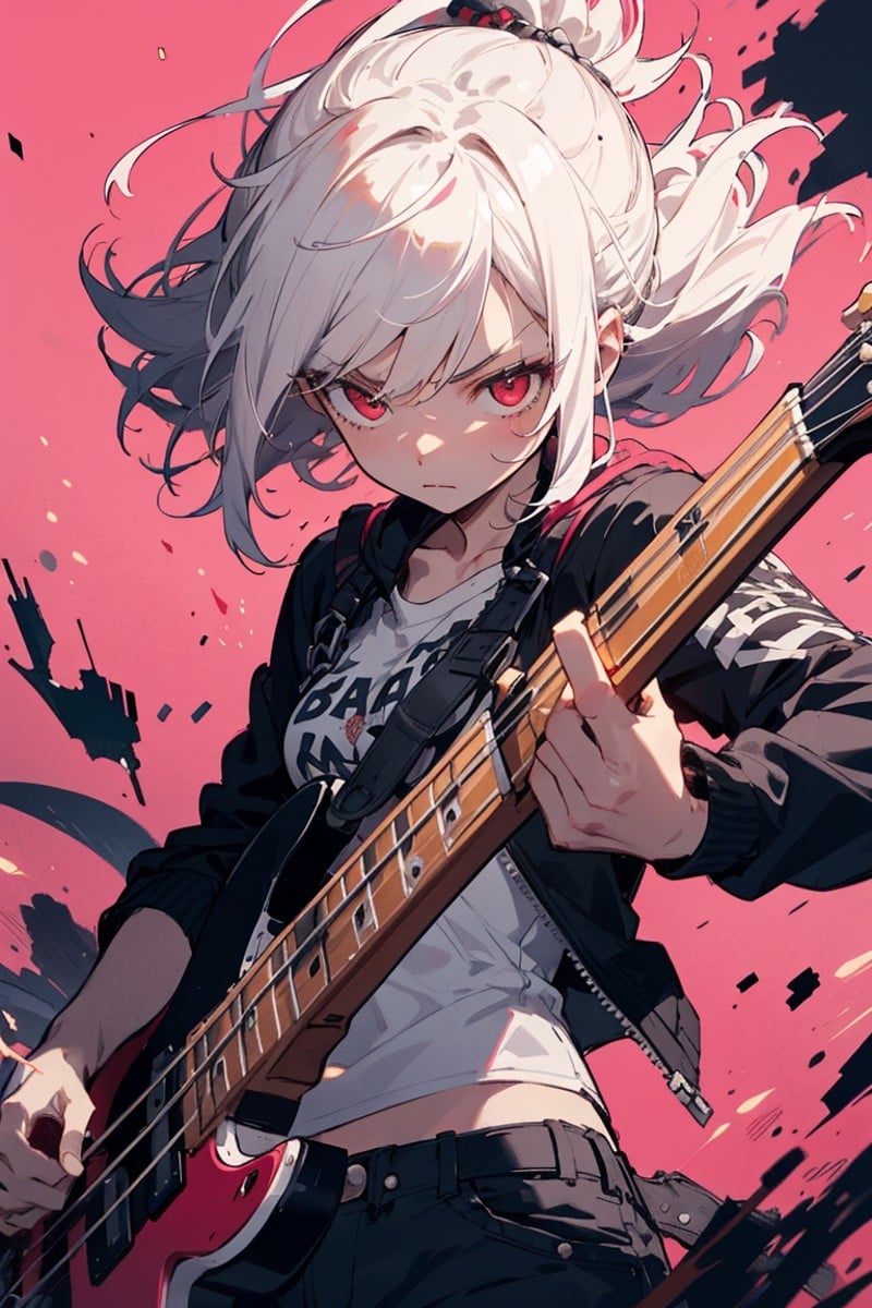 legendary girl punk rocker, (watermelon trademark),innocent gang, white hair, red eyes, closed mouth, bass-guitar,rampages in chaotic yellow and pink background, impulse, destructive,violent wind blowing, energy blasting,top quality, high detailed, dynamic rough sketched, detailed face,