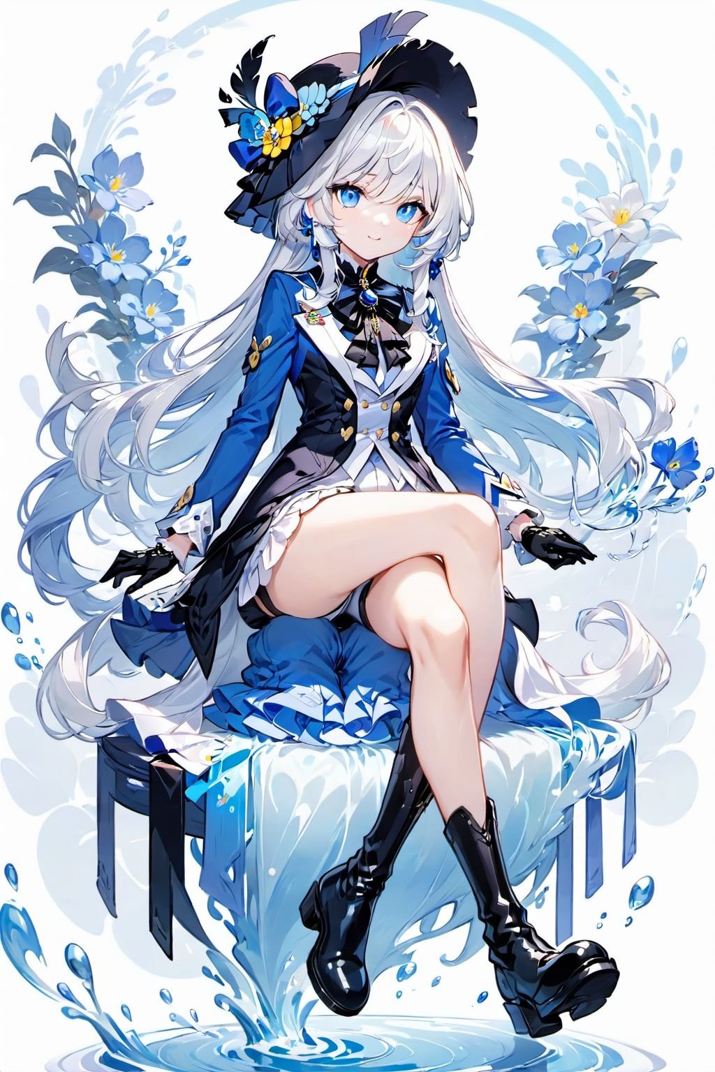 masterpiece,best quality,cinematic,dynamic lighting,Furina,1girl,solo,long hair,looking at viewer,smile,bangs,blue eyes,simple background,shirt,gloves,long sleeves,hat,white background,bow,hair between eyes,jewelry,sitting,closed mouth,blue hair,jacket,full body,white shirt,flower,ahoge,white hair,boots,frills,shoes,shorts,black gloves,white gloves,signature,water,black footwear,dated,ascot,thigh strap,crossed legs,blue jacket,brooch,blue headwear,blue flower,white shorts,tilted headwear,blue coat,<lora:原神水神芙宁娜XL:1>,