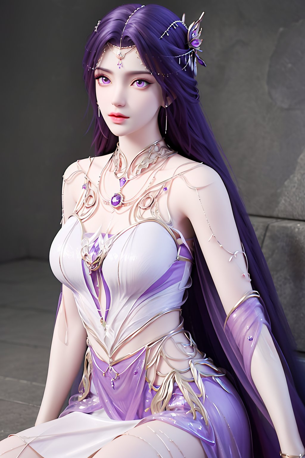 crystalstexture skin,best quality,masterpiece,ultra detailed,8k,RAW photo,realistic,photorealistic,ultra-detailed,intricate detail,extremely detailed,delicate pattern,masterpiece,looking at viewer,<lora:C_完美世界_云曦_天命石_FEB_1.1:0.7>,1girl,hair ornament,purple hair,solo,dress,strapless dress,long hair,jewelry,purple eyes,necklace,earrings,bare shoulders,sitting,