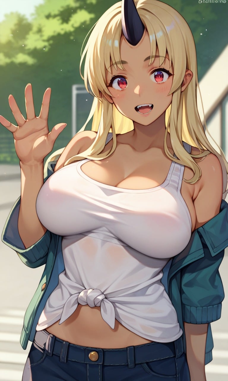 score_9, score_8_up, score_7_up, score_6_up, score_5_up, score_4_up, source_anime, BREAK 1girl, solo, tionishia, red eyes, blonde hair, horn, dark-skinned female, large breasts, waving, <lora:tionishia-000100:1.0>