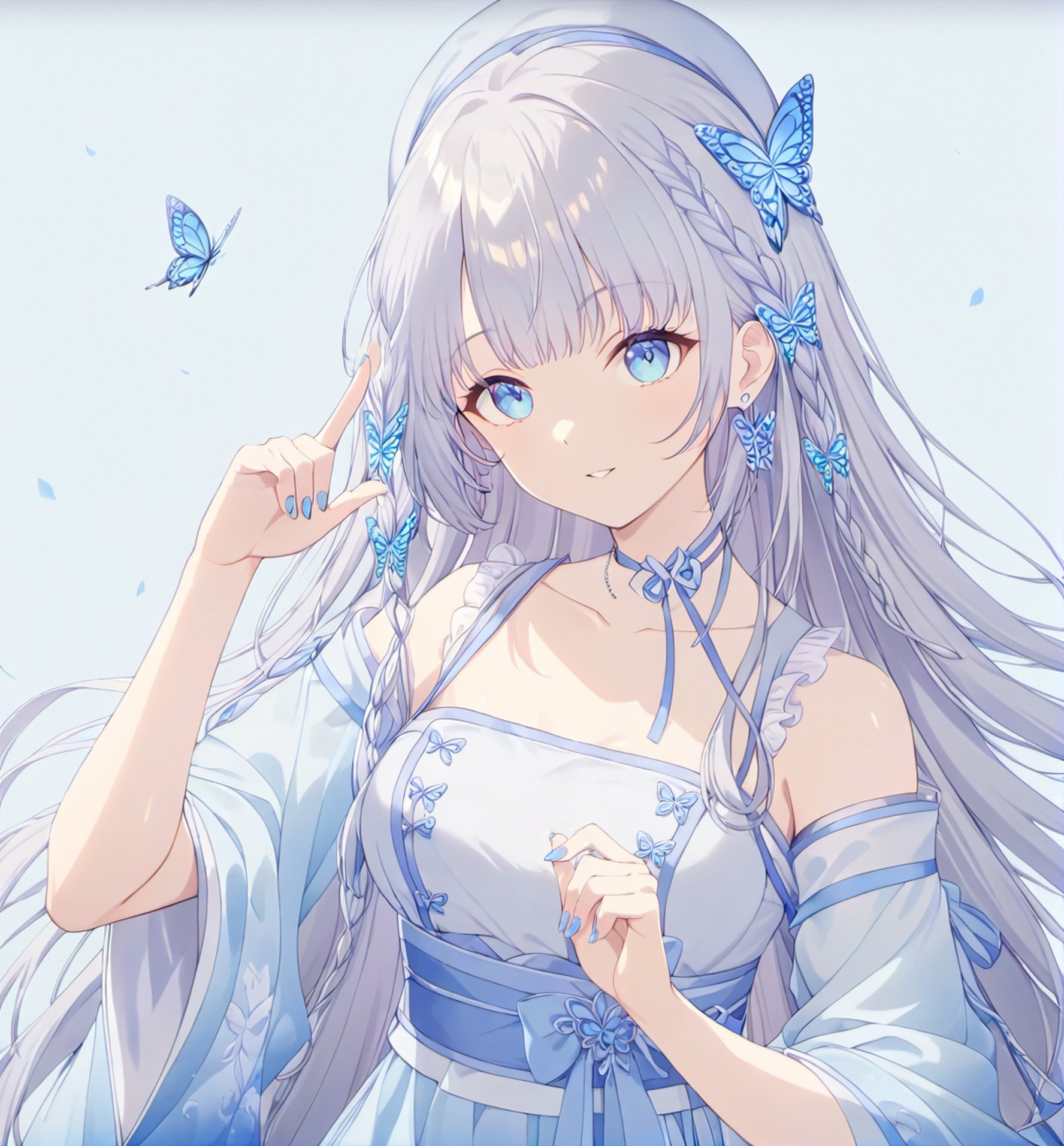 A girl with tang style hanfu with blue eyes and gray hair,simple background,butterfly hair ornament,blue fingernail,highly detailed,ultra-high resolutions,32K UHD,best quality,masterpiece,