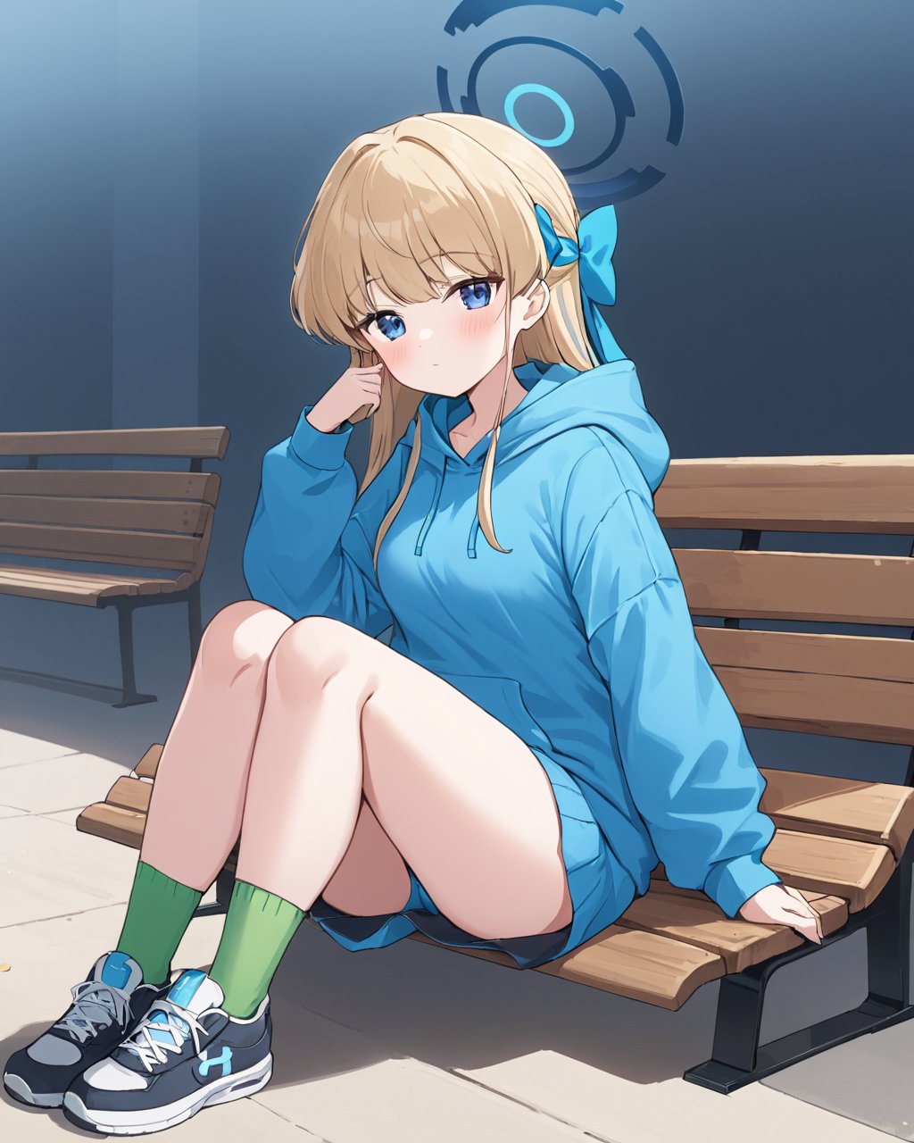 toki \(blue archive\),1girl, solo, halo, sitting, looking_at_viewer, closed_mouth, sneakers, outdoors, full_body, blush, knees_together_feet_apart, day, long_sleeves, hood_down, blue_hoodie, hair_bow, black_footwear, bench, sleeves_past_wrists, bare_legs, thighs, green_socks, between_legs<lora:toki_(blue_archive)_image4932_2023-11-28-000009:1>halo. gorgeous,key visual, vibrant, studio anime,award-winning, professional, highly detailed,high budget, cinemascope