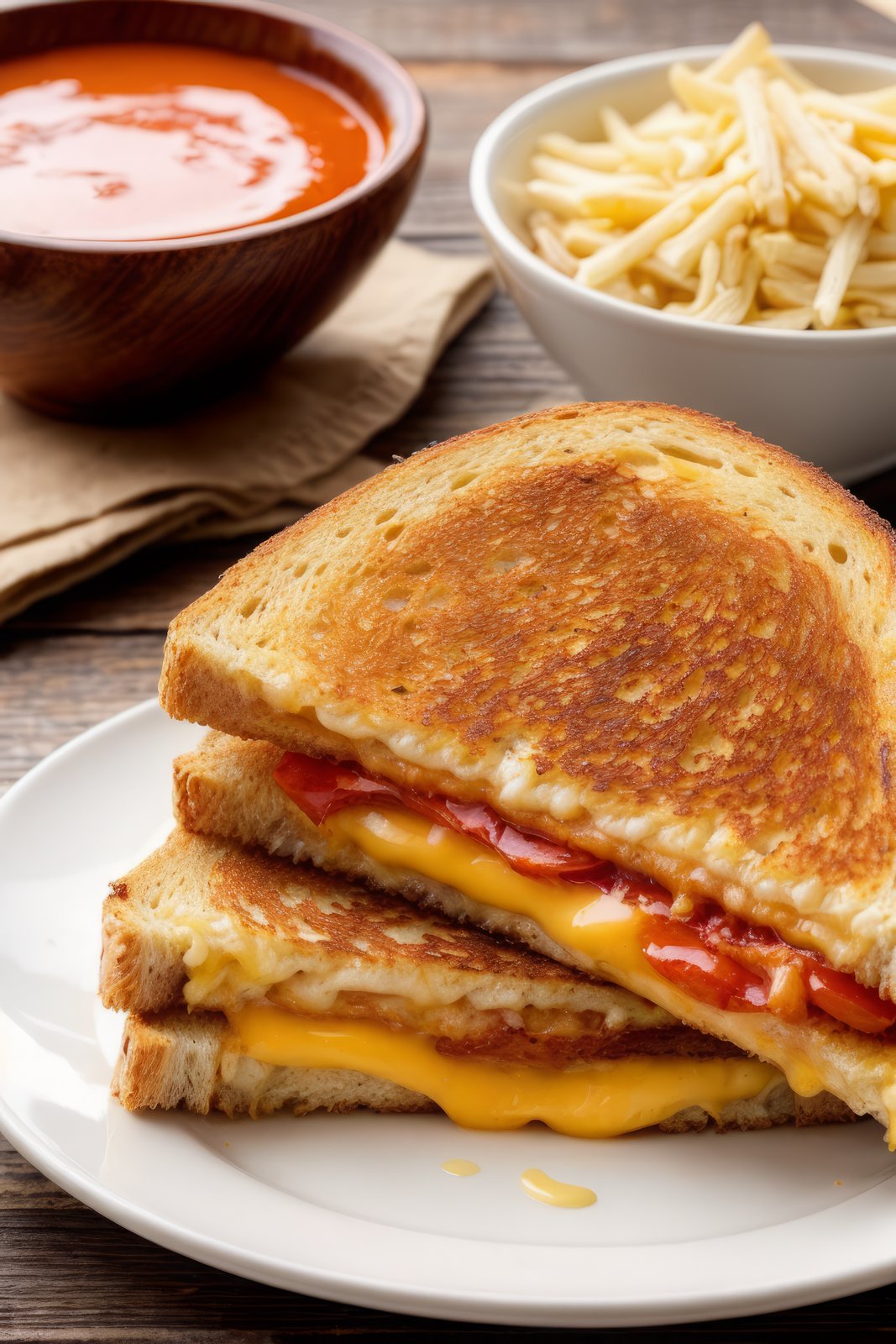 Photo of delicious looking grilled cheese sandwich on table, photorealistic, hyper quality, intricate detail, masterpiece, 8k,