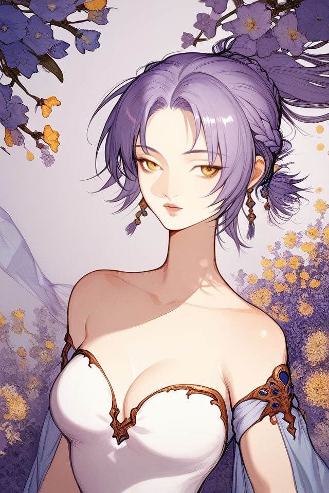 score_7_up, 1girl, dizzy, arms_up, light_purple hair, long_bangs, french_braid, yellow eyes, medium breasts, beautiful background <lora:Amano_Yoshitaka_PonyXL_style_v01.10.01:1>