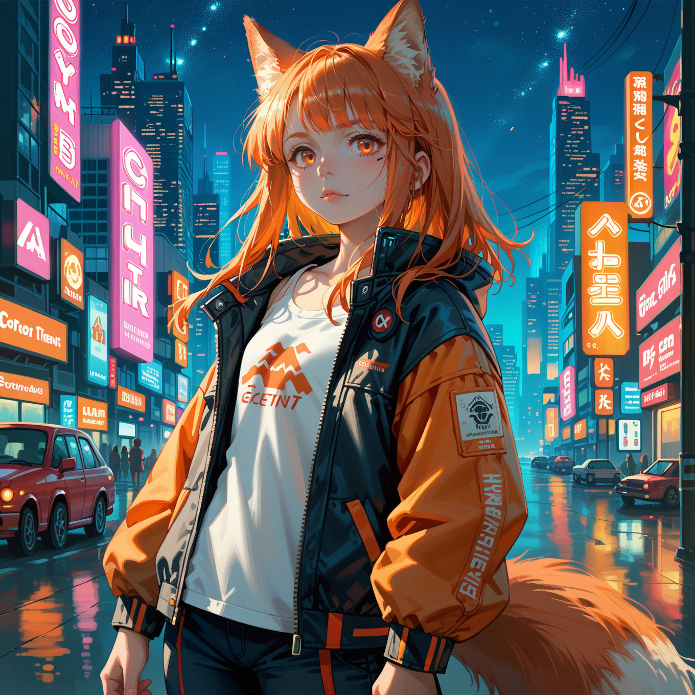 score_9, score_8_up, score_7_up,cowboy shot, 1girl, solo, fox ears, animal ears, orange hair, orange eyes, cyberpunk, science fiction, cityscape, city, neon lights, night, night sky,