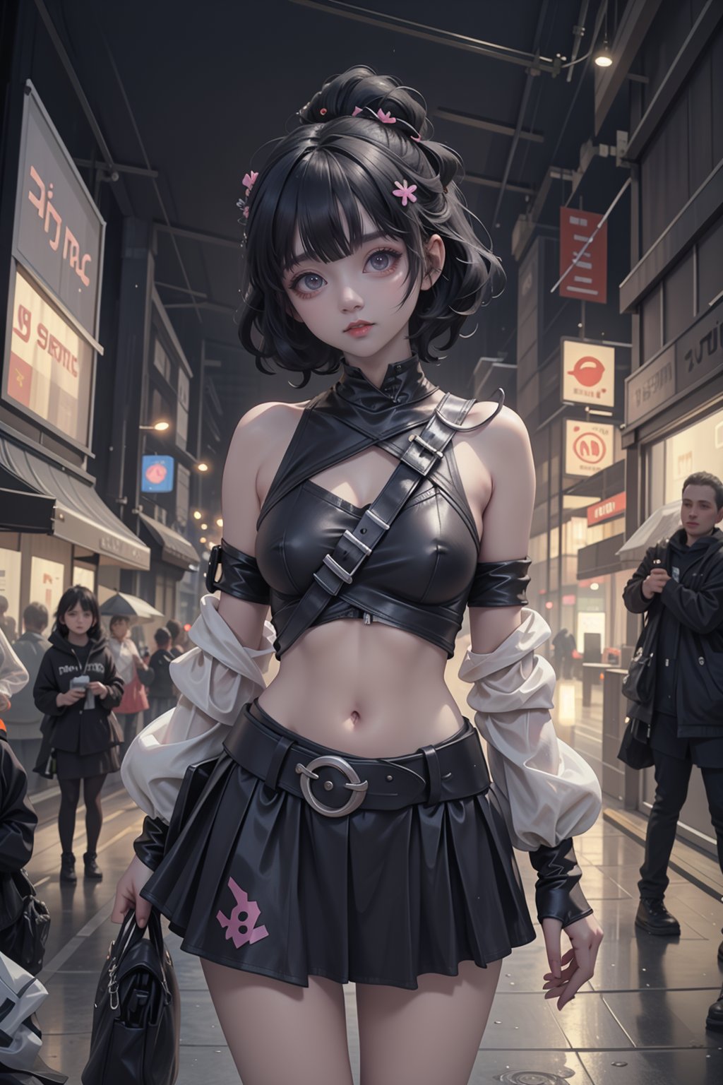 , lucy \(cyberpunk\), portrait, 1 girl, beautiful face, asymmetrical hair, multi-colored hair, belt, bodysuit, covered mouth, covered navel, detached sleeves, grey eyes, hip vent, open jacket, cute, look at viewer,  night city, neon, rainy,