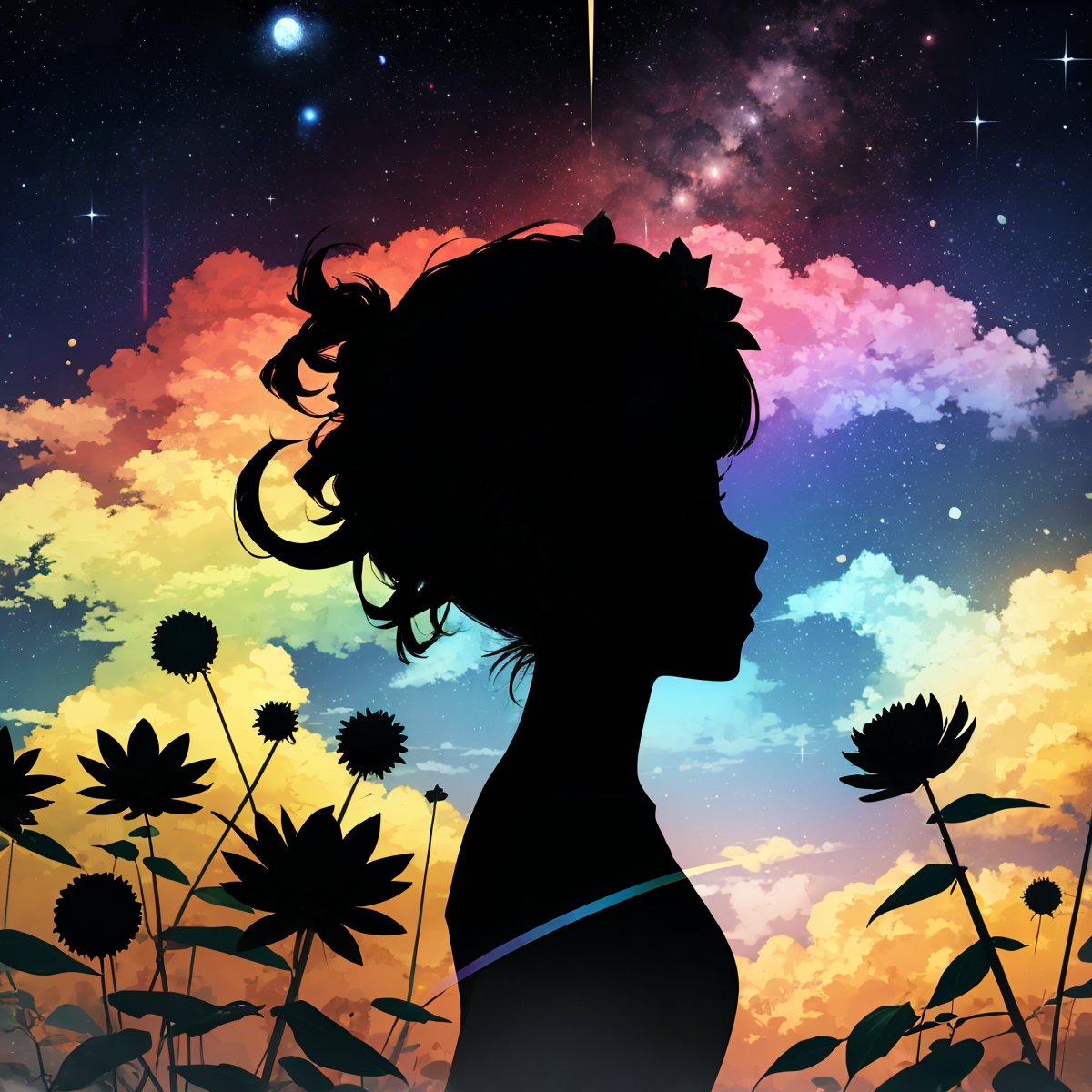 1girl, flowers, leaf, swirling mist, rainbow mist, dripping, traditional texture, (silhouette:1.3), rainbow:1.3, nebula, clouds, moon, meteor shower