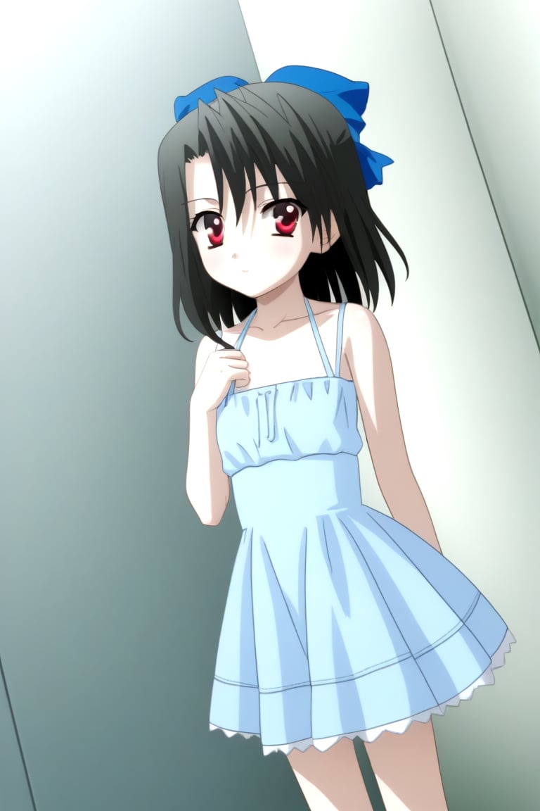 Highly detailed, High Quality, masterpiece, beautiful, source_anime, 1girl, solo, (young woman), (16 old), Setsuna Kiyoura, black hair, red eyes, short_hair, hair bow, red bow, tiny breasts, bare shoulders, dress, sundress, blue_dress, looking_at_viewer, dutch_angle, cowboy_shot<lora:EMS-447771-EMS:1.000000>