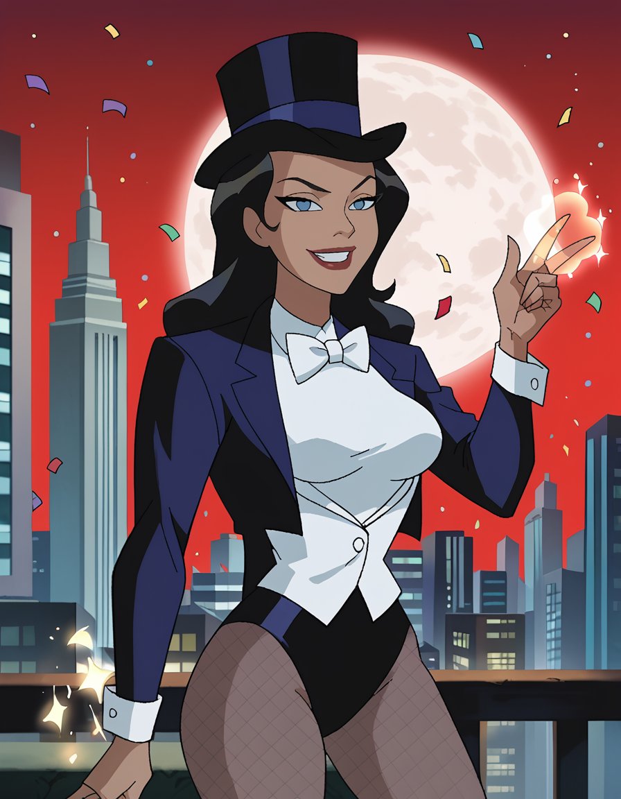 score_9, score_8_up, score_7_up, 1girl, cowboy shot, solo, zatanna zatara, black hair, large breasts, white bowtie, vest, tuxedo jacket, pantyhose fishnets, leotard, sleeve cuffs, top hat, smile, hand up, snap, confetti, magic with a burst of sparkles, gotham city, skyscraper, red sky, moon, night, bloom