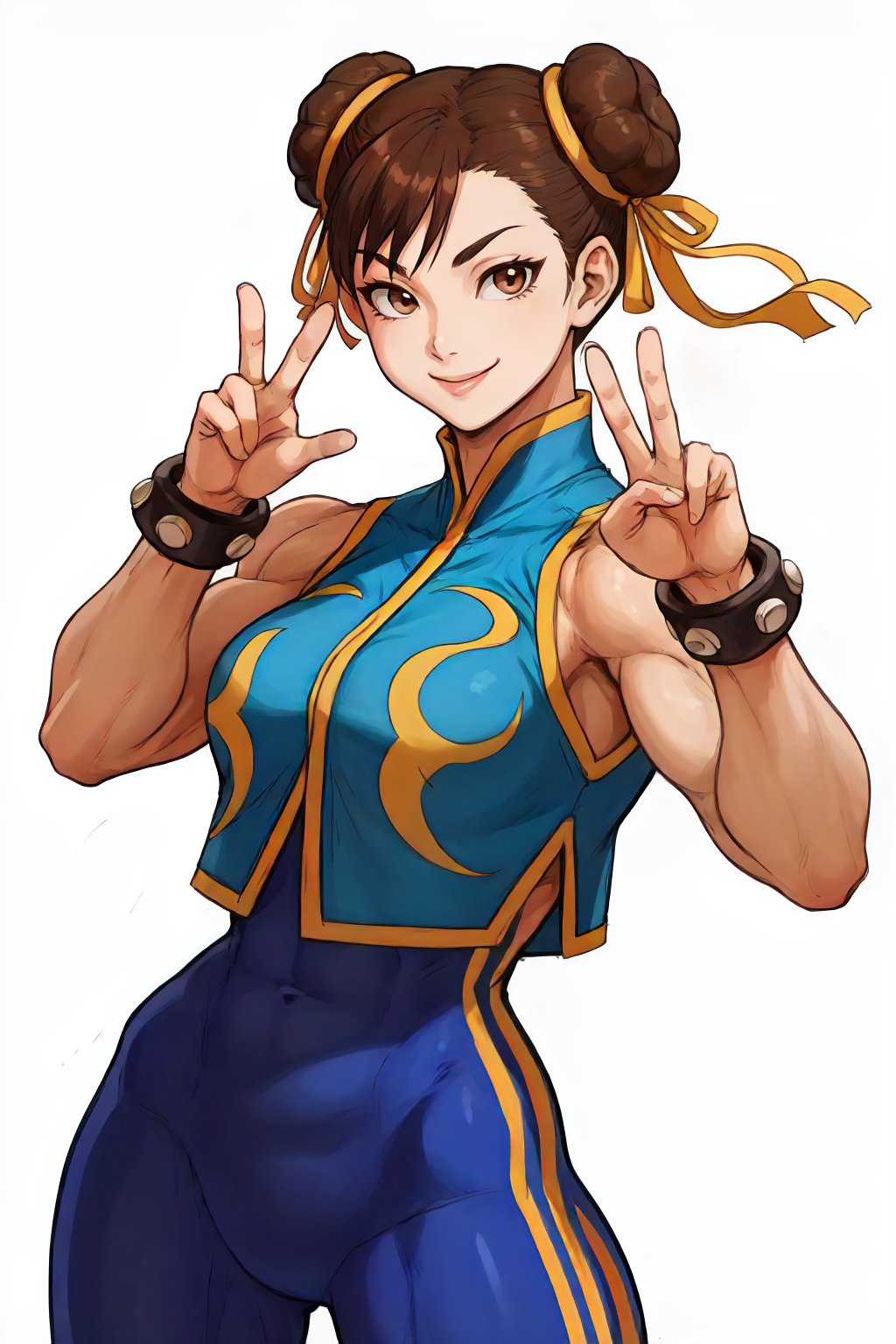 <lora:Alpha_Chunners-DEF:0.7> alphachun, solo, brown eyes, muscular female, smile, double peace hand gesture, bodysuit, side stripes, vest, bracelets, double bun, ribbons, cowboy shot, white background, perfect, sharp, masterpiece, detailed, high resolution, best quality,