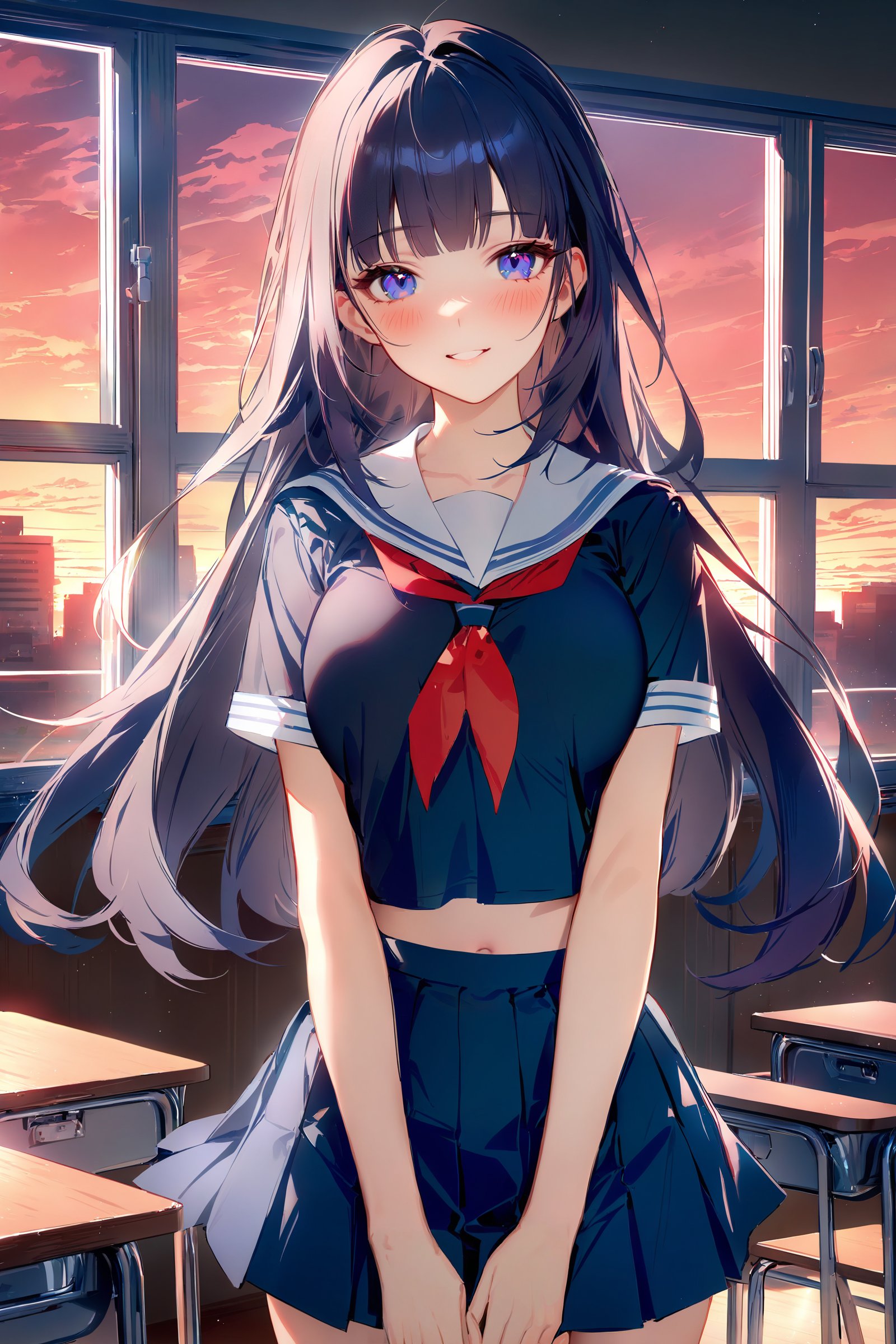 masterpiece, best quality, very aesthetic, ray tracing, newest,(hitenkei, askzy:0.5), 1girl, raiden mei, school uniform, serafuku, cowboy shot, backlighting, sunbeam, sunset, classroom, indoors, window, light smile, blush, looking at viewer, facing viewer  <lora:Char-Honkai-Raiden_Mei-XL-V1:0.9>