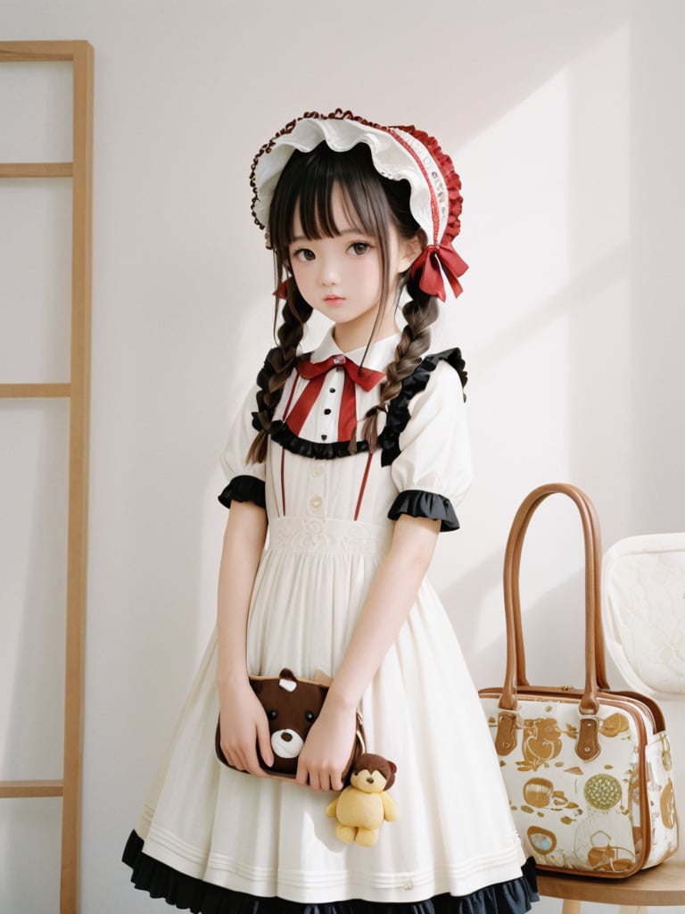 Lolita fashion, young girl, Asian, red and white dress, knee-length, patterned, ruffled, bonnet, bow, pinned back hair, long hair, bangs, standing, neutral expression, looking at camera, plush toy bag, indoor setting, white wall background, portrait composition, high-resolution, natural lighting, clear image quality, color contrast, cute, stylish, youth fashion, themed attire, accessorizedrealistic,film photography style,light grain,masterpiece,best quality,<lora:SDS-XL泛光调节器_v1.0:0.8>,<lora:SDXL_FILM_PHOTOGRAPHY_STYLE_BetaV0.4:0.6>,