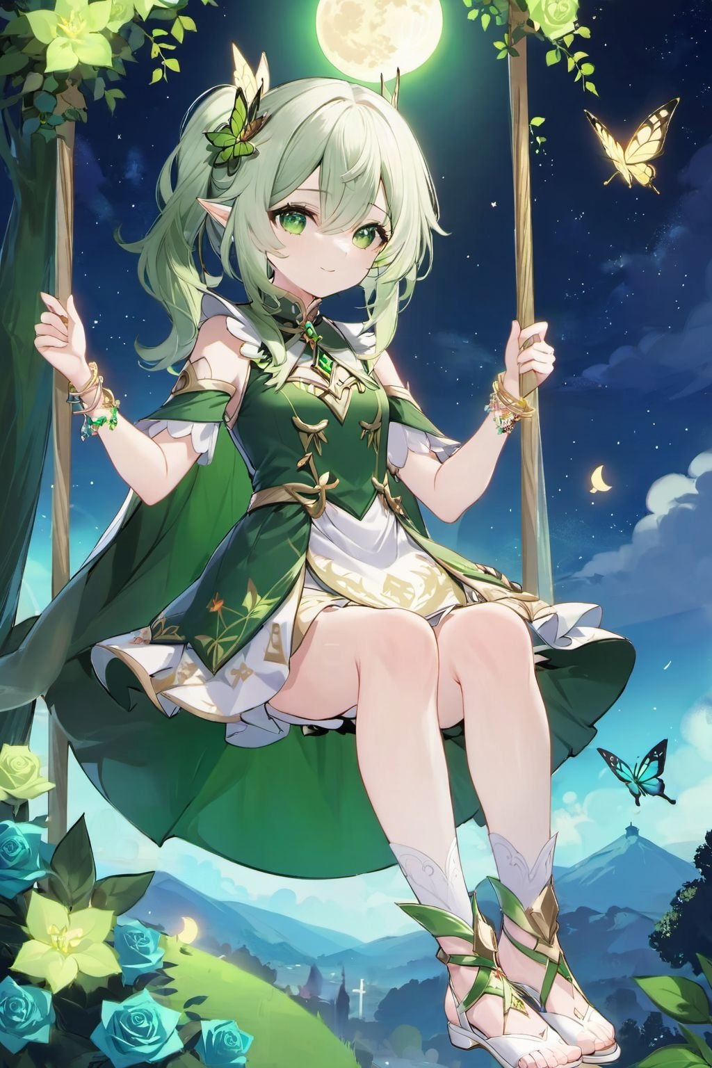 masterpiece,best quality,cinematic,dynamic lighting,Nahida,1girl,solo,long hair,looking at viewer,smile,bangs,hair ornament,dress,hair between eyes,jewelry,sitting,closed mouth,green eyes,full body,flower,white hair,short sleeves,sidelocks,multicolored hair,detached sleeves,green hair,sky,sleeveless,pointy ears,cape,white dress,side ponytail,bracelet,symbol-shaped pupils,gradient hair,toes,night,sleeveless dress,rose,moon,white footwear,bug,plant,butterfly,night sky,full moon,toeless legwear,toeless footwear,cross-shaped pupils,stirrup legwear,swing,green sleeves,nahida (genshin impact),<lora:原神草神纳西妲XL:1>,