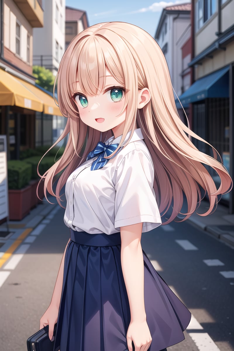 insanely detailed, absurdres, ultra-highres, ultra-detailed, best quality,1girl, solo, nice hands, perfect handsBREAKsummer school uniform, (plain dark blue skirt with many pleats:1.4), (striped indigo blue bowtie:1.3), short sleeves, white shirt, shirt with white button, shirt_tucked_inBREAK(breast pocket, vest, blazor, long sleeves, checked skirt, striped skirt, striped shirt, striped sleeves, bra visible through clothes, skirt with frill:-1)BREAK(nsfw:-1.5)BREAKsmile, open mouthBREAKfrom side,standing, cowboy shot, looking at viewerBREAKslender, kawaii, perfect symmetrical face, ultra cute girl, ultra cute face, ultra detailed eyes, ultra detailed hair, ultra cute, ultra beautifulBREAKin japanese street, cityscape in japan, depth of field, ultra detailed backgroundBREAKlarge breastsBREAKorange hair, green eyes, wavy hair,