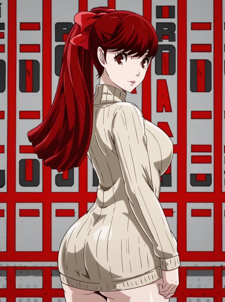 detailed background, shiny skin, <lora:persona5.pony:1>,persona5, sumire,large breasts, sweater, bottomless, wide hips, ass, 