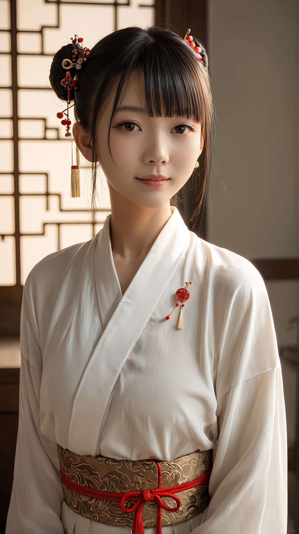 (hanfu:1.4),(score_9,score_8_up,score_7_up),18-year-old chinese hanfu girl,realistic,oval face,backlight,chinese hair pin,(a faint smile:0.8),