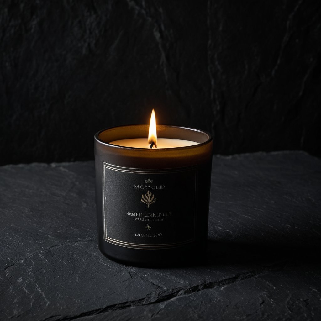 a scented candle on a dark slate stone surface,  matte charcoal texture,  dramatic soft top light by HanselCraft on Tensor...